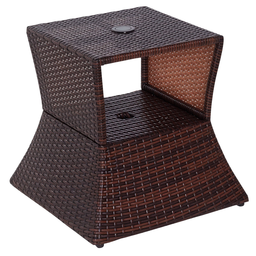Outdoor Side Table PE Rattan Wicker Brown Umbrella Hole 21in