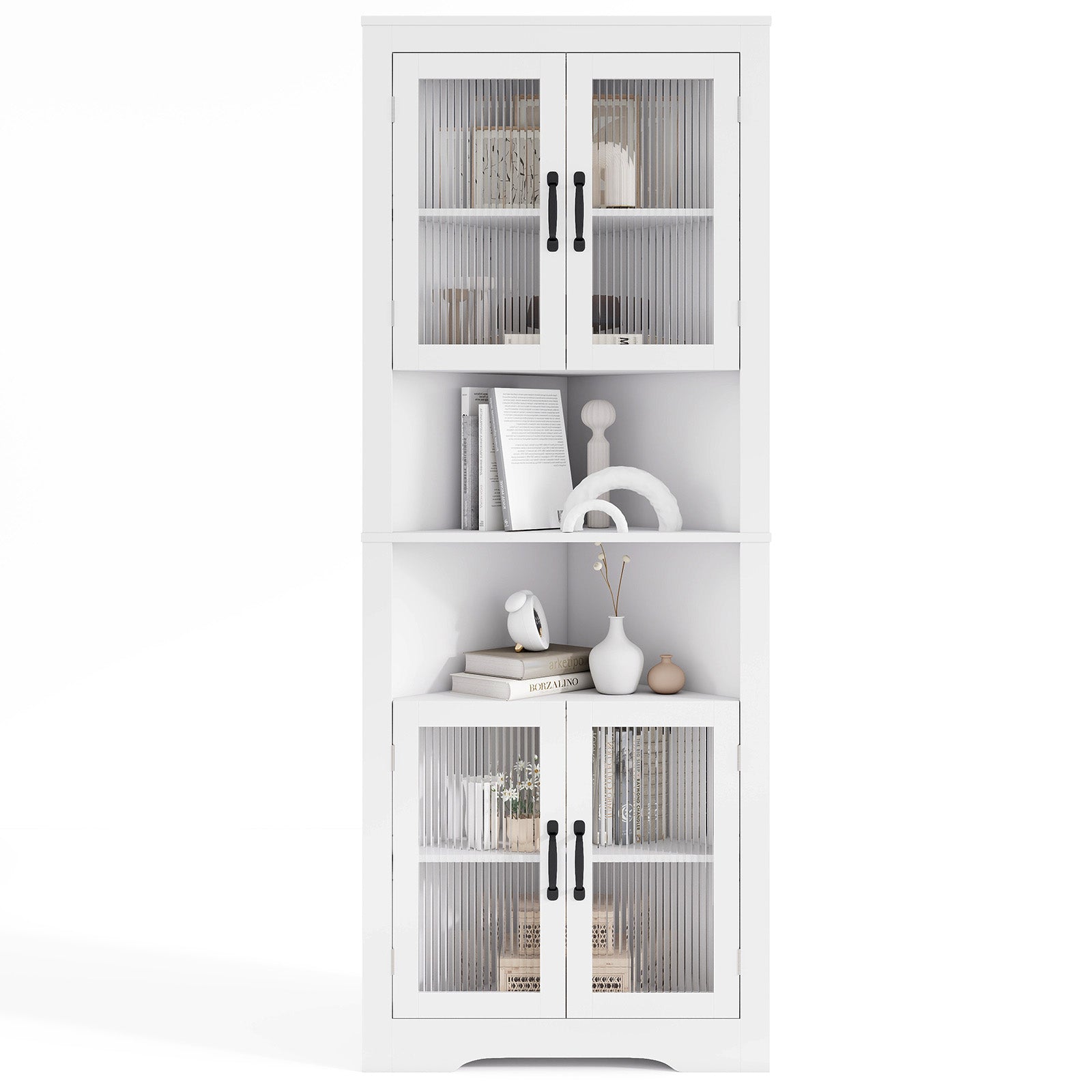 67 Inch Tall Corner Cabinet Triangular Buffet Cabinet with Tempered Glass Doors-White