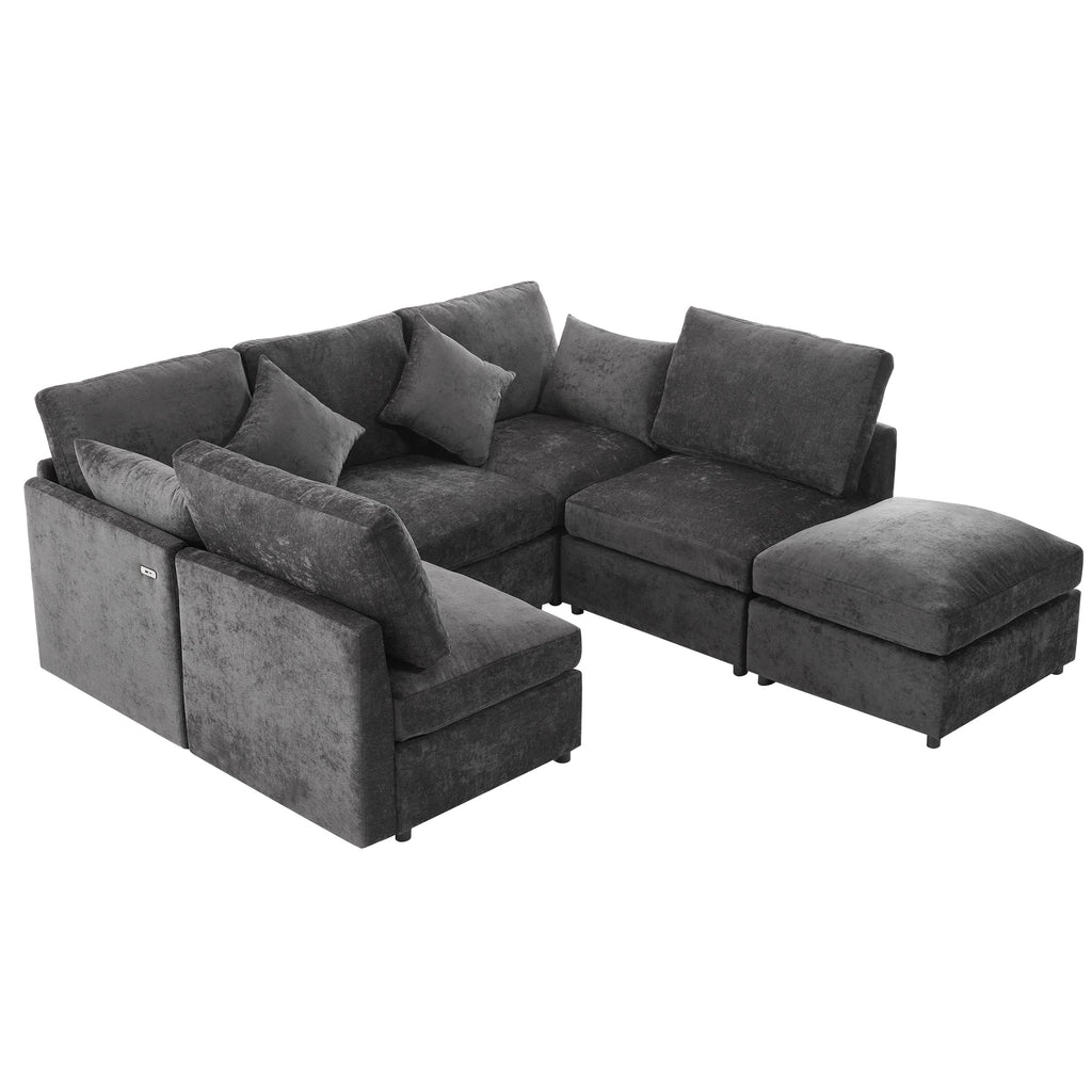 Sectional Sofa U-Shape Modular Chenille Black 5-Seat USB Ports 86.6x61.4 In