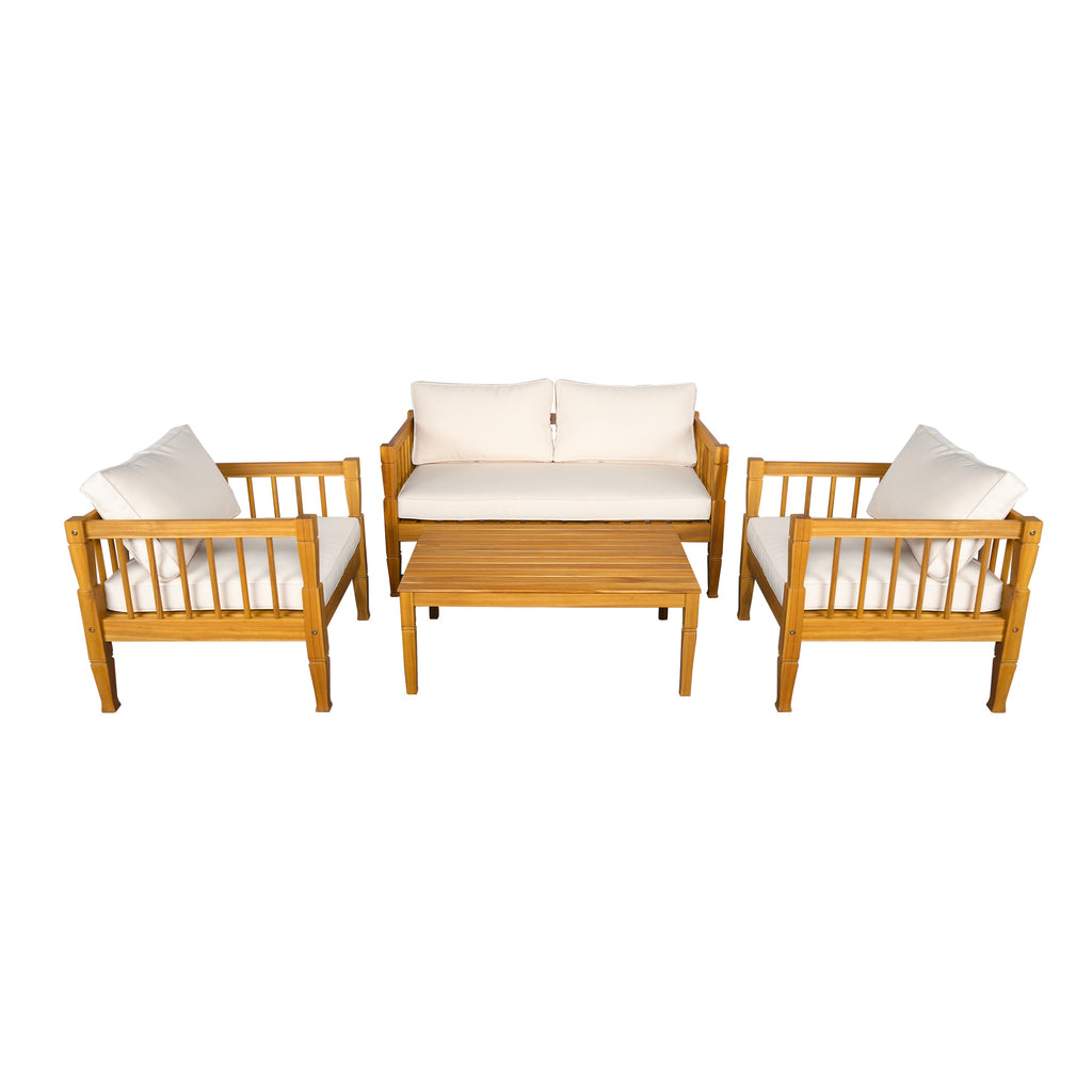 Outdoor Conversation Set Acacia Wood Teak Beige Cushion 4 Piece Seats 4