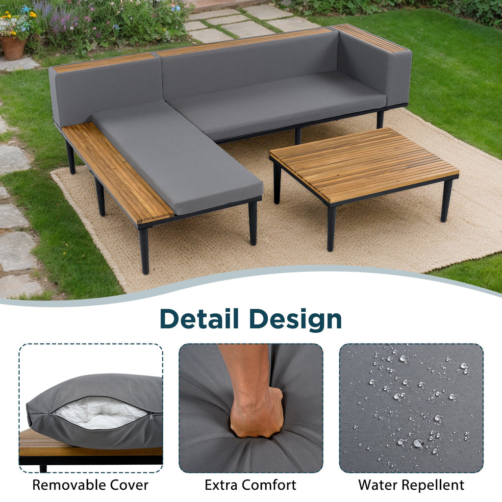 Outdoor Patio Set Acacia Wood Iron Gray L-Shape Seats 6 396 LB