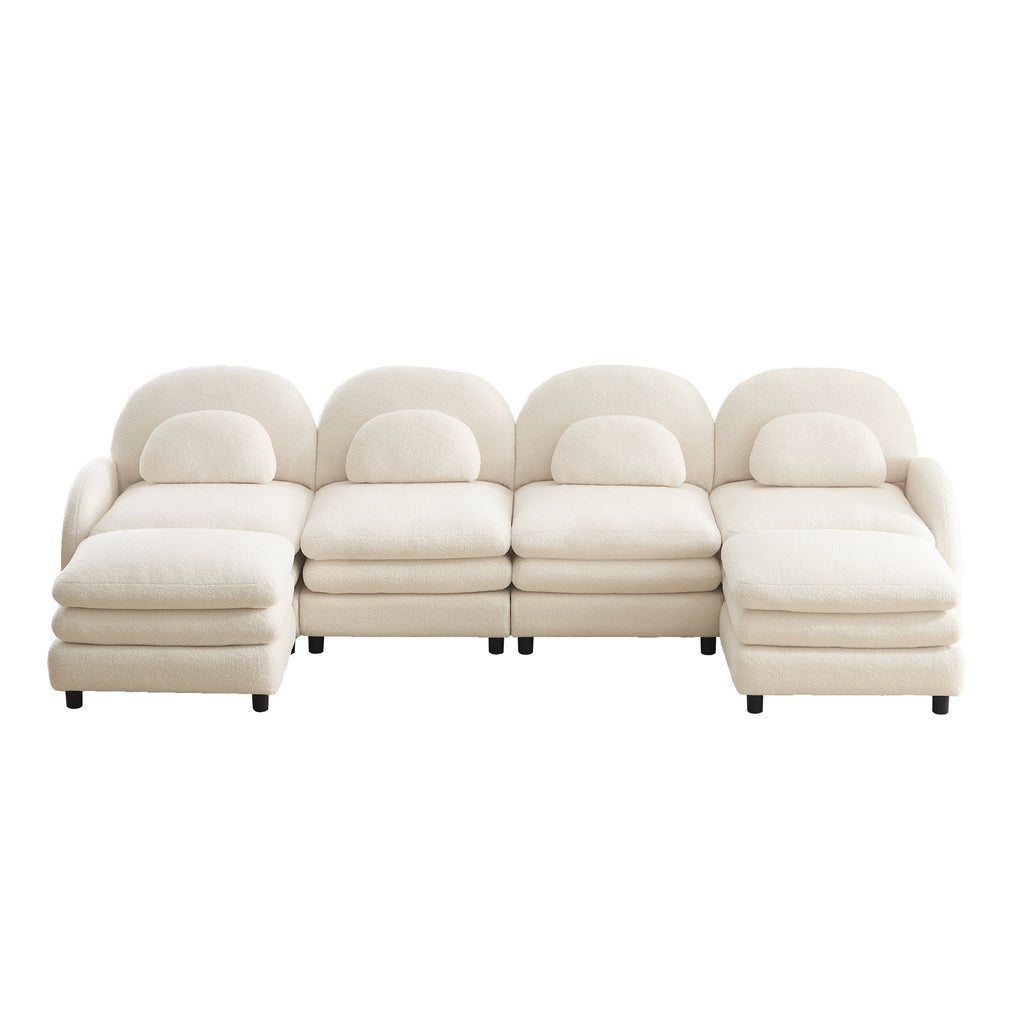 Sectional Sofa Modular Teddy Fleece Beige 4 Seat Curved Back with Ottomans