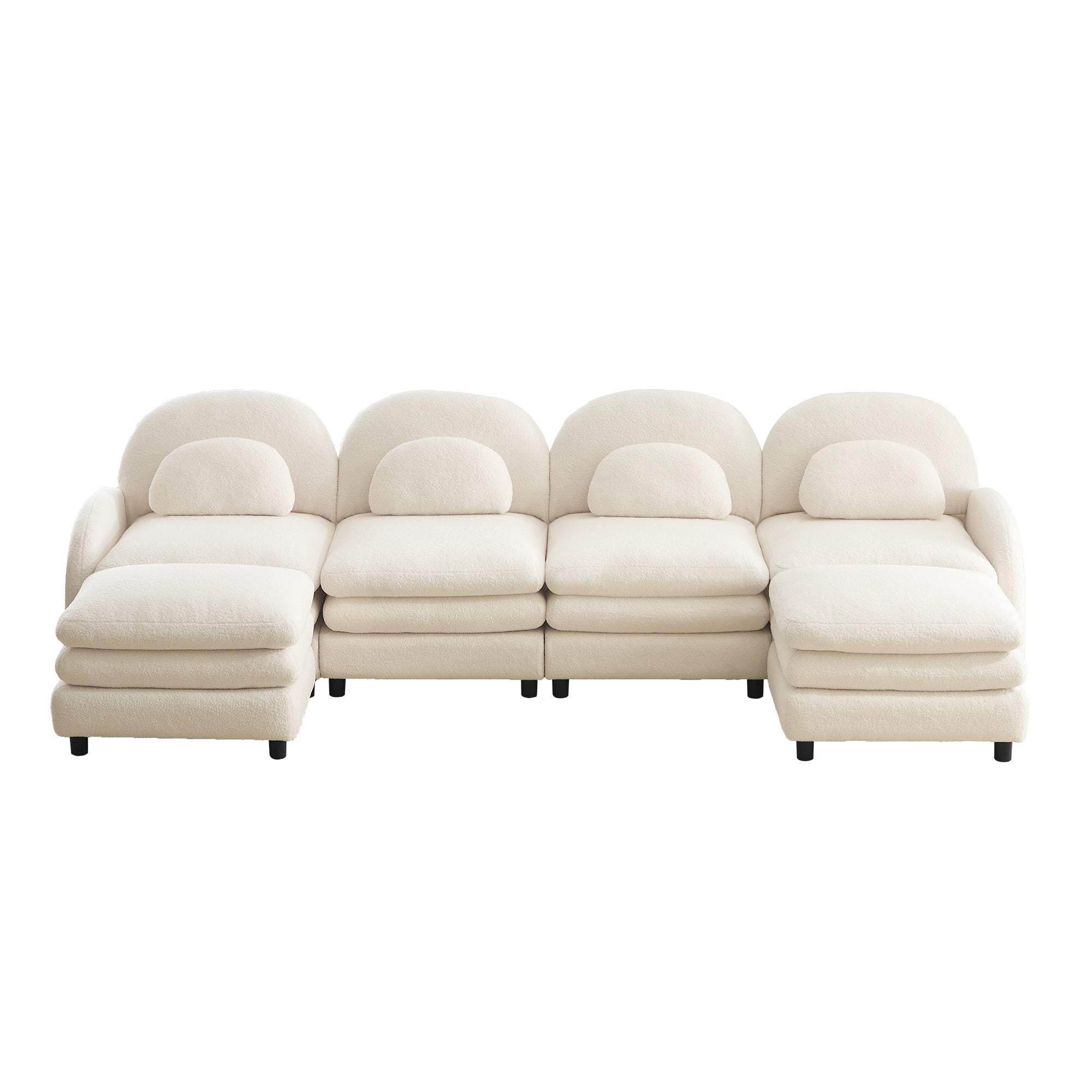 Sectional Sofa Modular Teddy Fleece Beige 4 Seat Curved Back with Ottomans