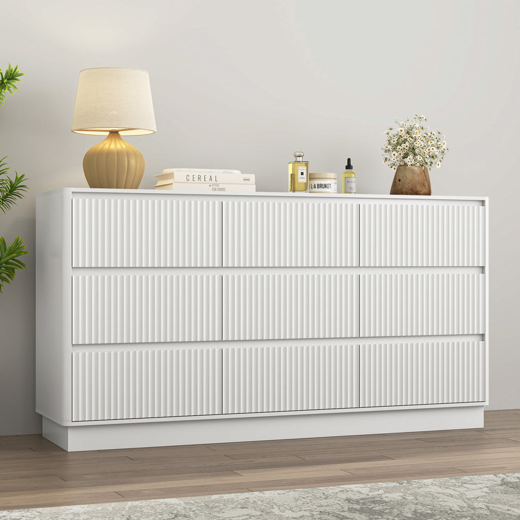 Dresser Mid-Century 9-Drawer White Wave No-Handle 59.1x15.7x31.6 In