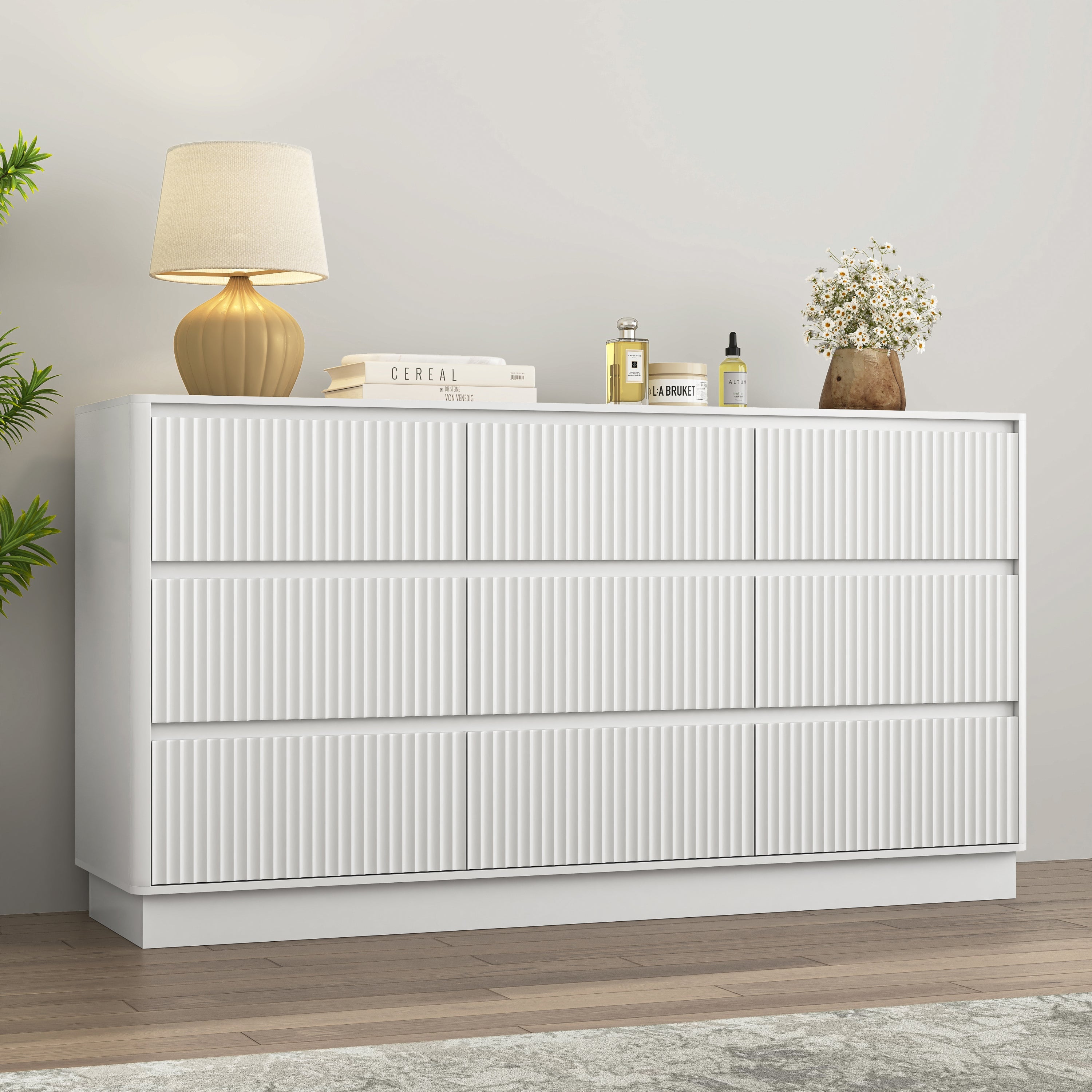 Dresser Mid-Century 9-Drawer White Wave No-Handle 59.1x15.7x31.6 In