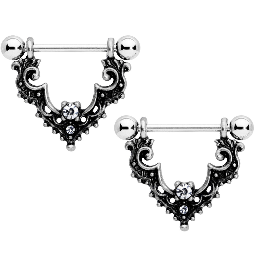 14G 9/16 Clear Gem Baroque Bat Nipple Shield Set