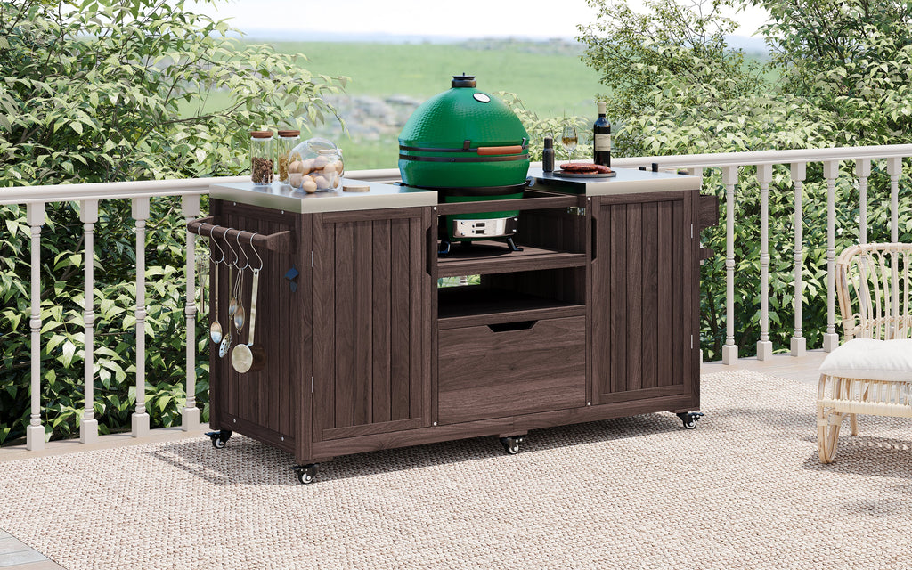 Outdoor Kitchen Island Grill Cart Fir Wood Stainless Steel 66.5