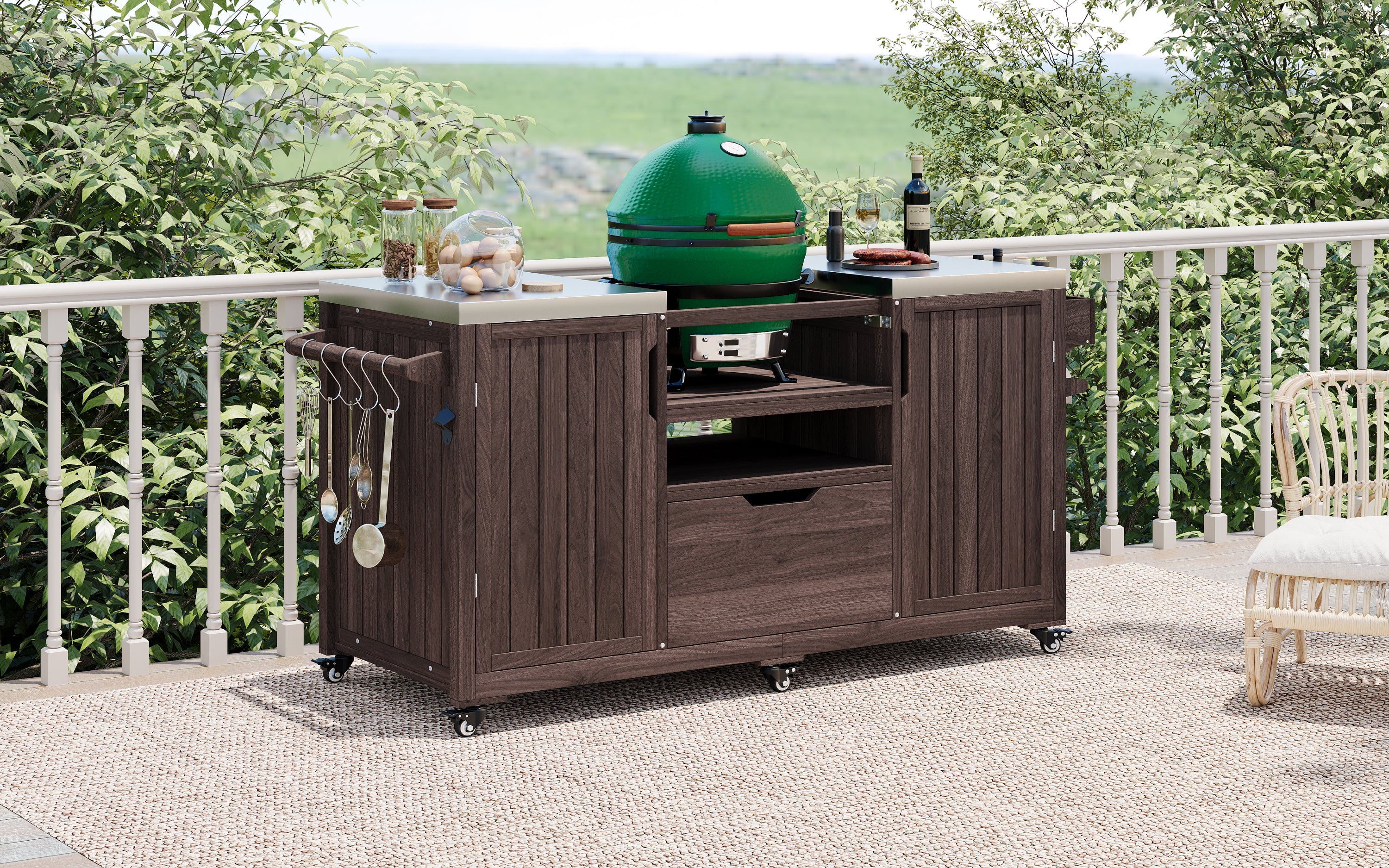 Outdoor Kitchen Island Grill Cart Fir Wood Stainless Steel 66.5
