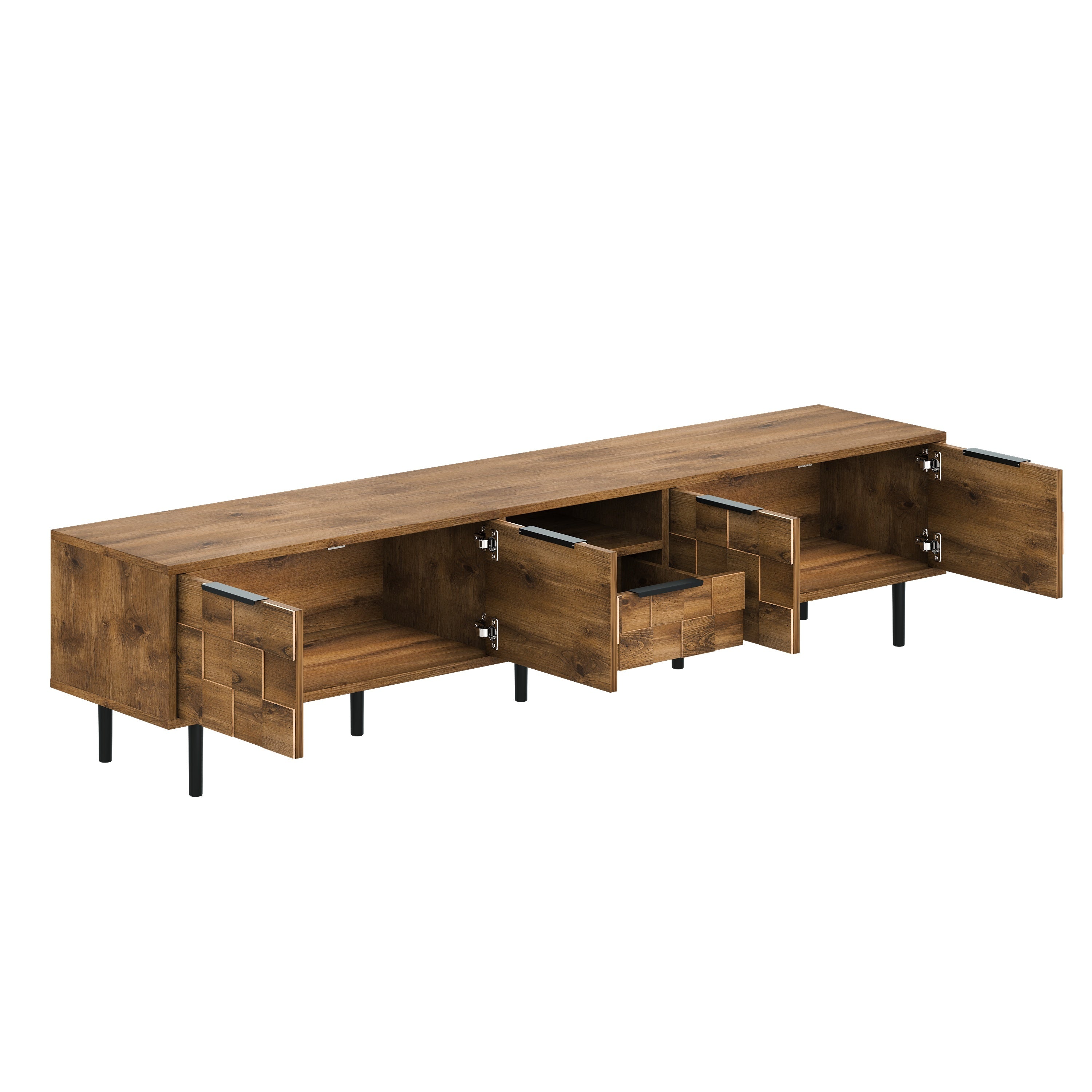 TV Stand Natural Wood Checkered MDF Soft-Close Doors Fits 85 In TV 78.7 In