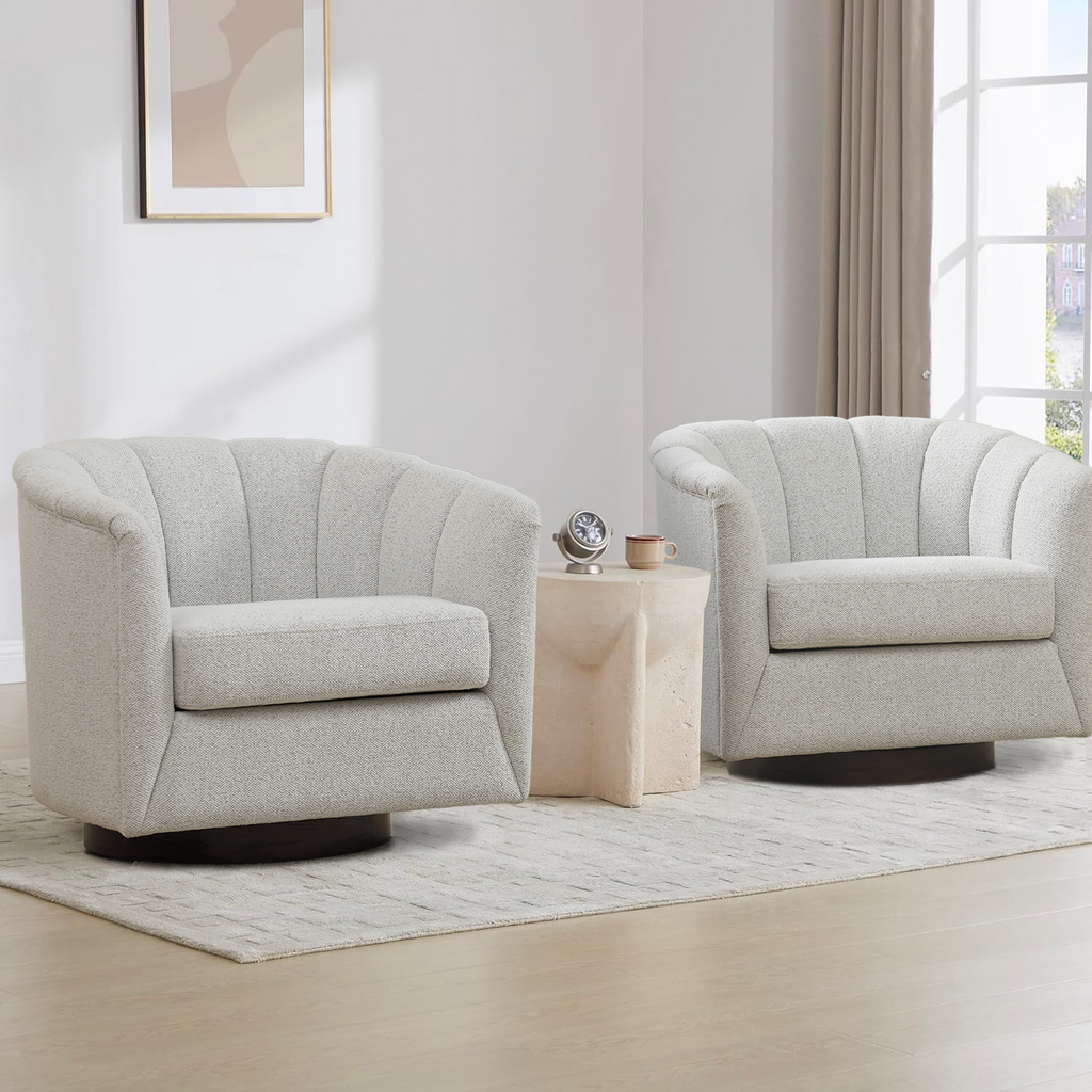 Accent Chair Swivel 360 Degree Ivory Curved Shelter Back 33x33x28 In 350 LB