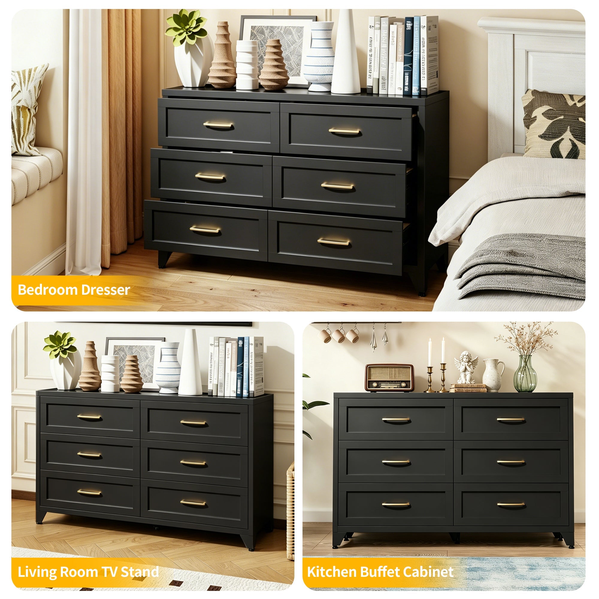 Dresser 6-Drawer Black Steel Smooth-Glide Powder Coat 47.3x15.8x30 In
