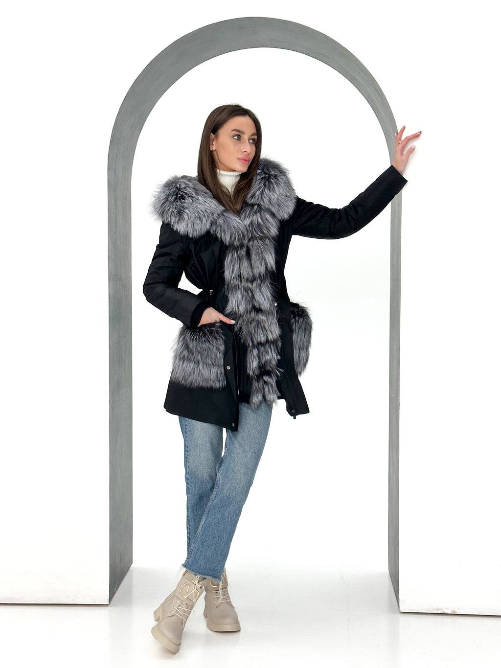 Roma Genuine Silver Fox Fur Rabbit Fur Insulated Parka in Black
