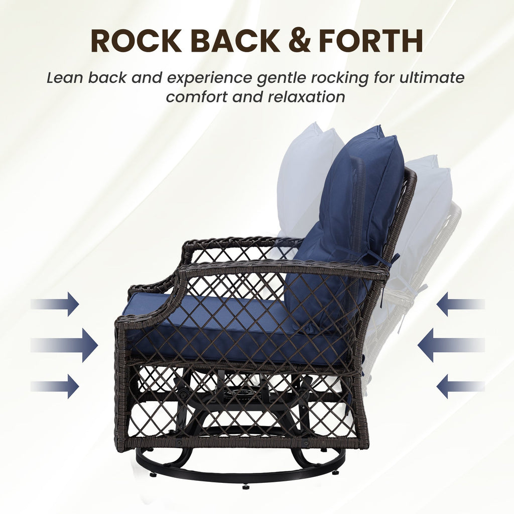 Outdoor Bistro Set Wicker Swivel Glider Navy 3-Piece
