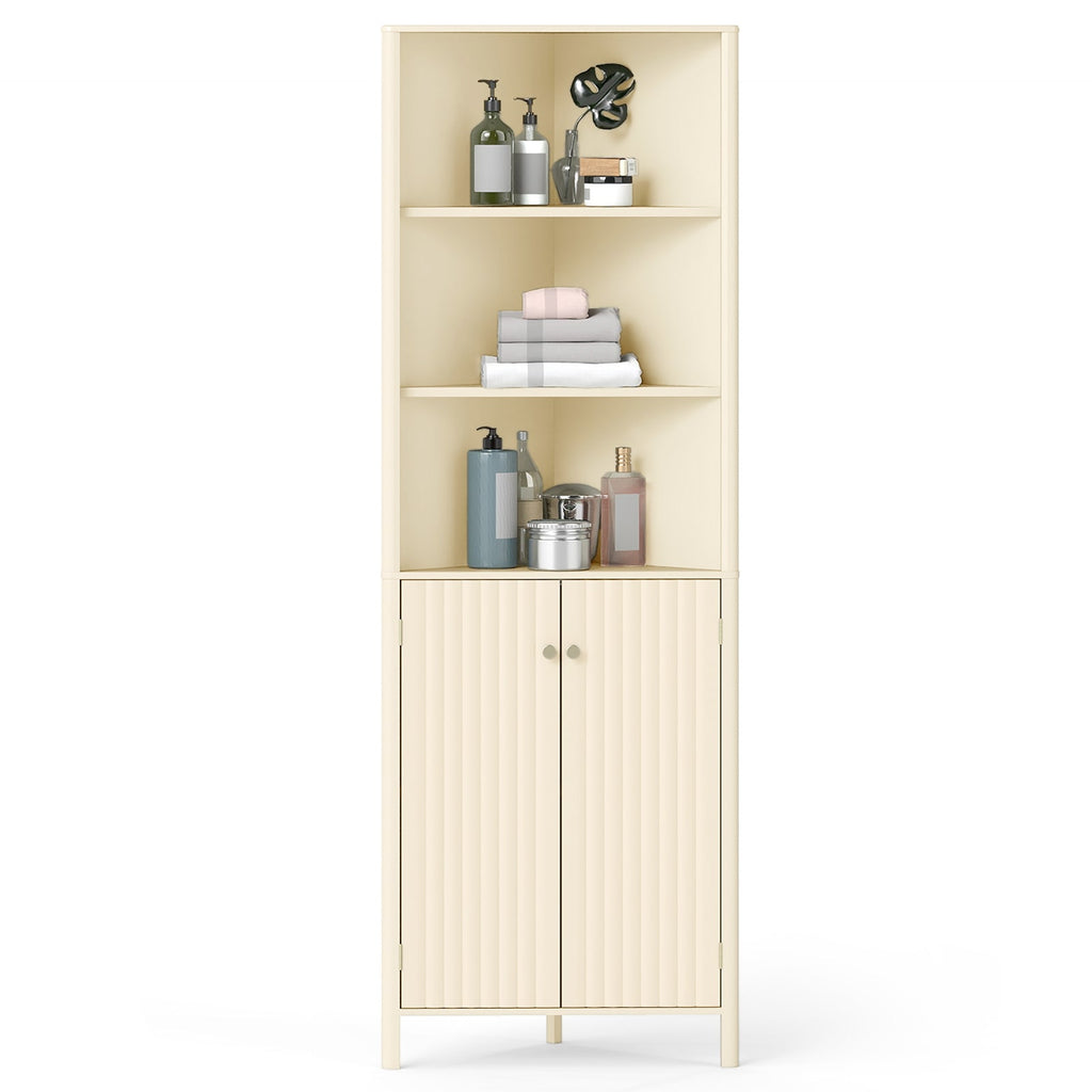 68 Inch Tall Corner Cabinet with 5 Shelves and 2 Fluted Doors for Bathroom-Beige