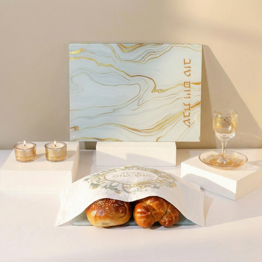 Luxurious Shabbat Table Set in Gold & White Tones - Golden Harmony Series