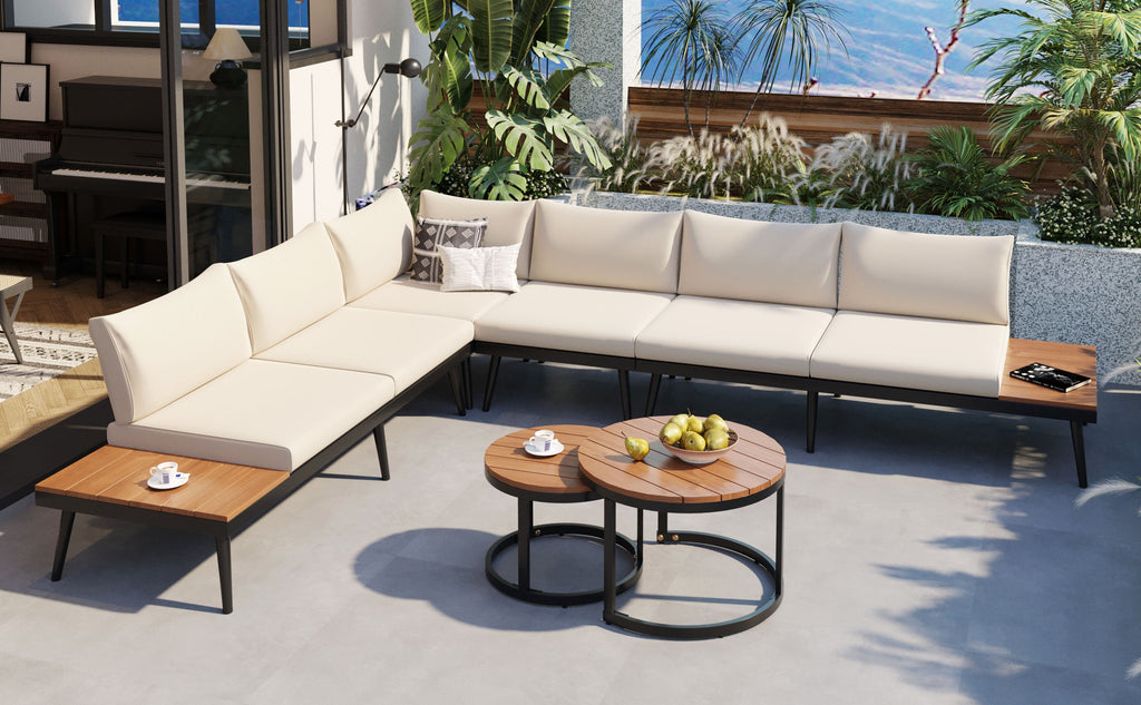 Outdoor Sectional Set Acacia Wood Steel Beige Cushion 6 Piece Seats 5