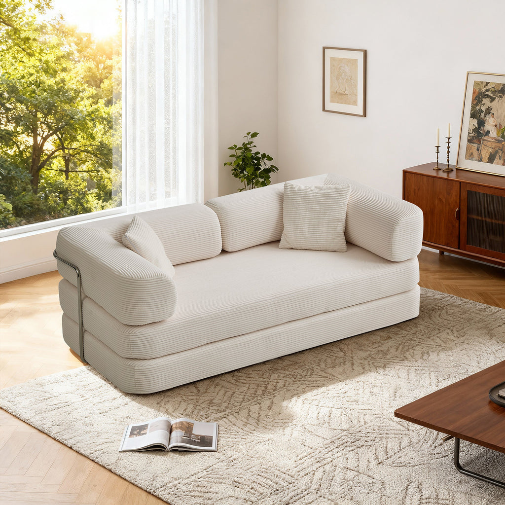 Sofa Floor Low Profile 5-in-1 Corduroy Cream Sleeper with Blanket 74.8 In