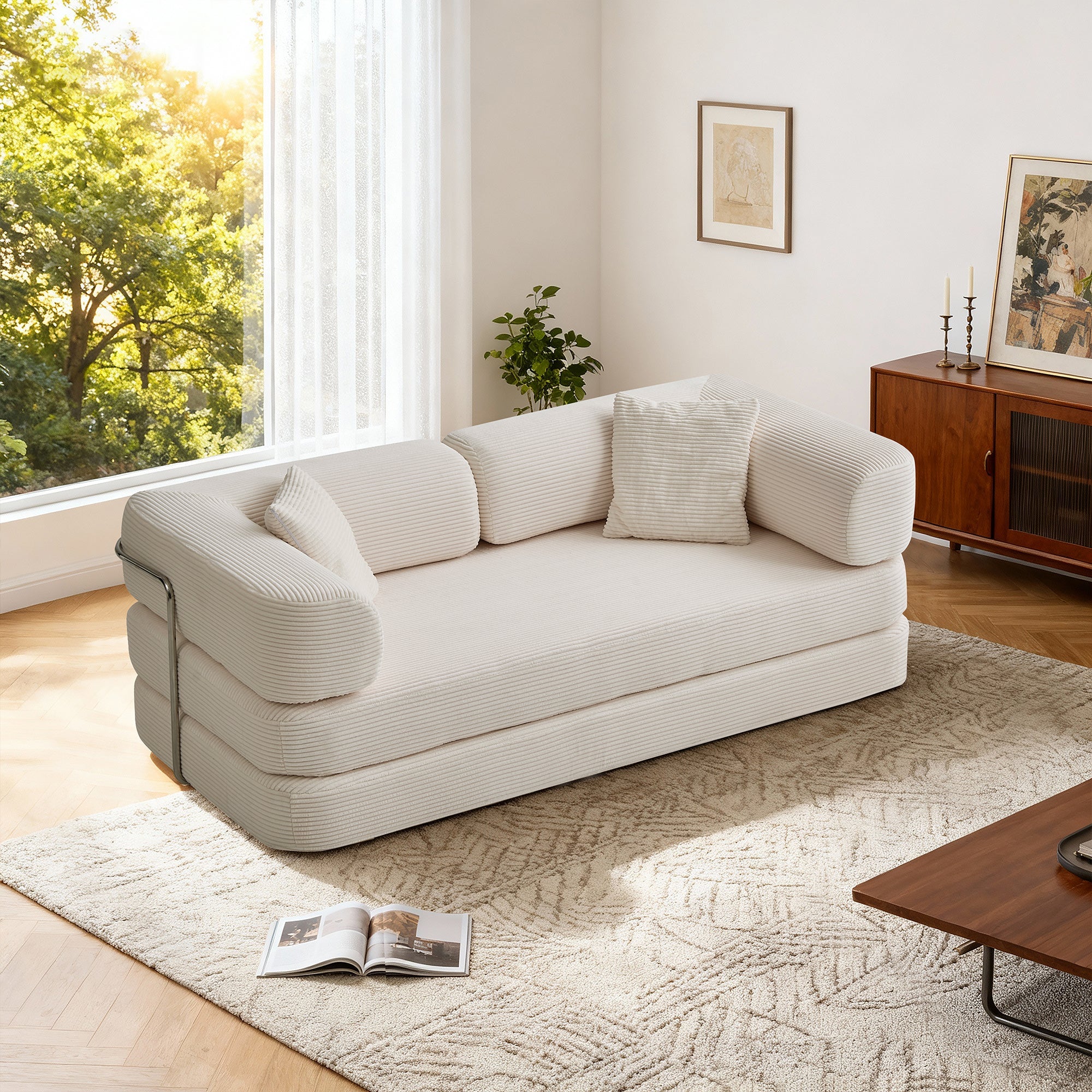 Sofa Floor Low Profile 5-in-1 Corduroy Cream Sleeper with Blanket 74.8 In