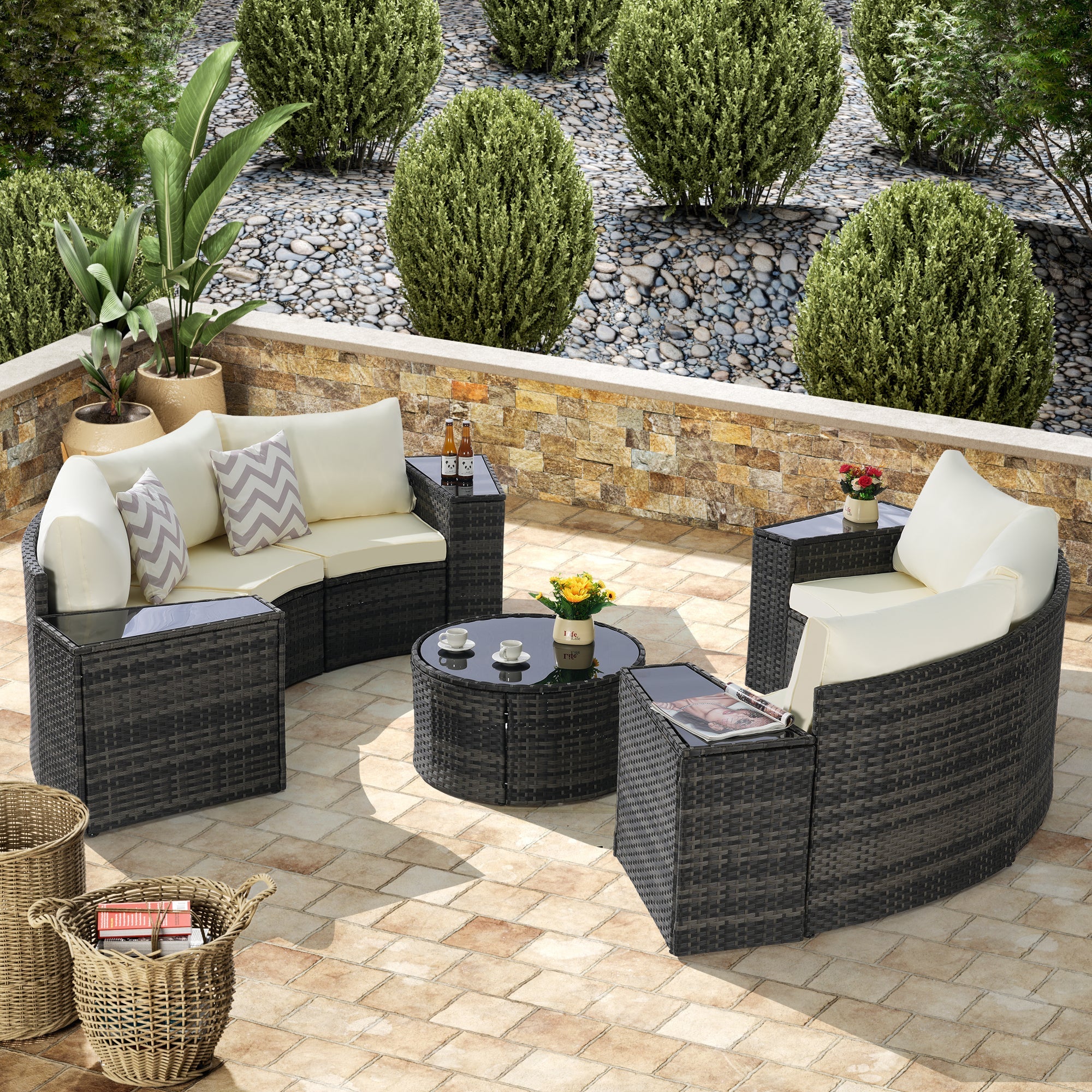 Outdoor Sectional Set PE Rattan Beige Half Moon 11pc