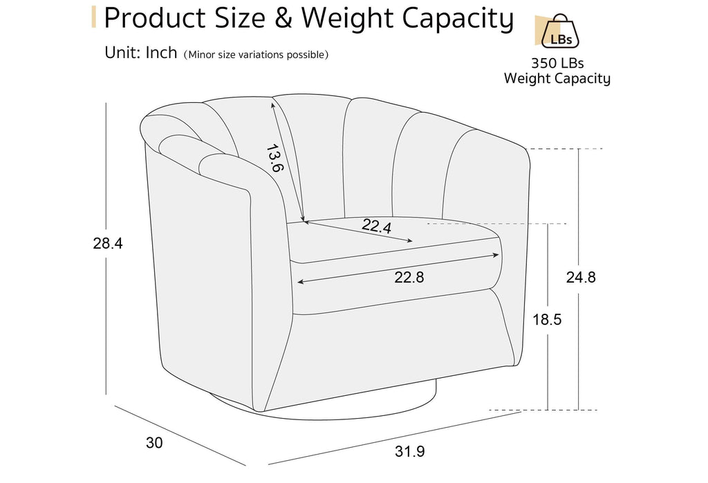 Accent Chair Swivel 360 Degree Ivory Curved Shelter Back 33x33x28 In 350 LB