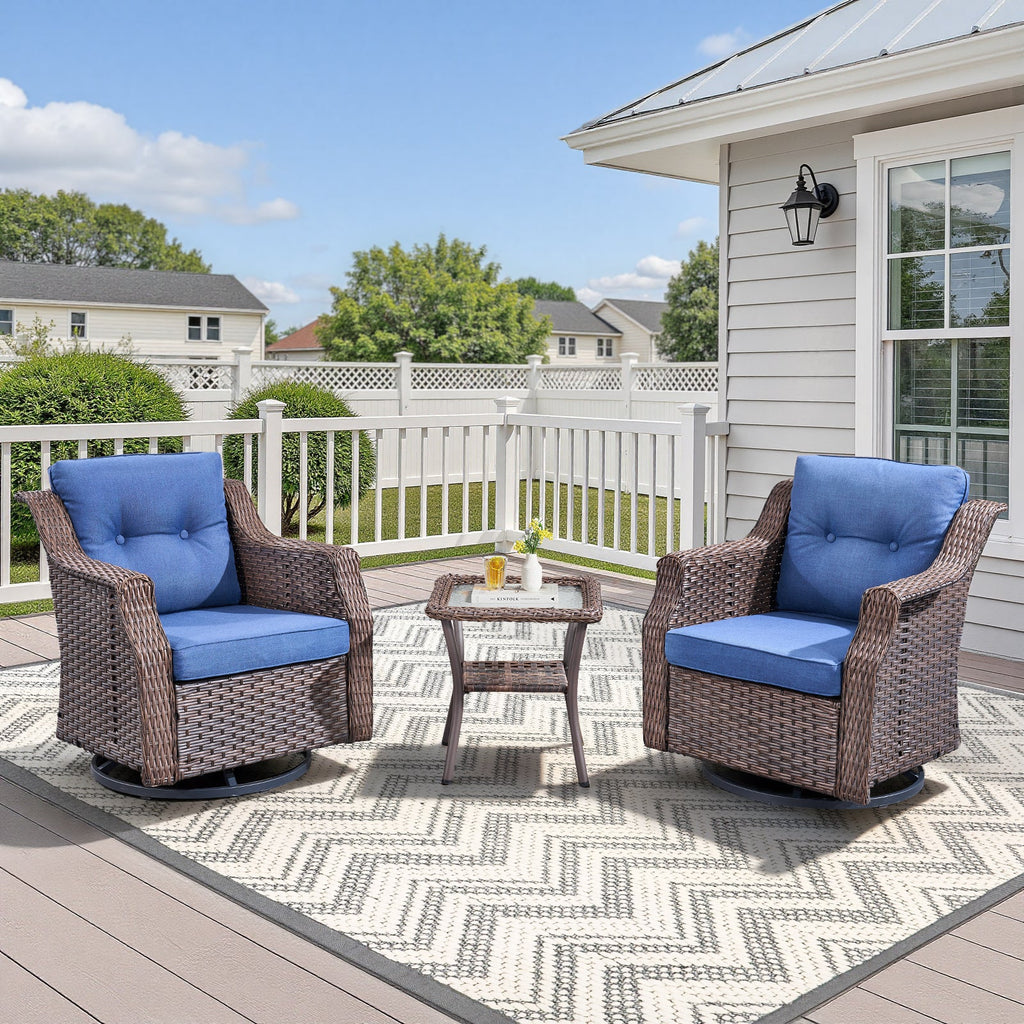 Outdoor Patio Wicker Swivel Rocker 3 Piece Set Blue