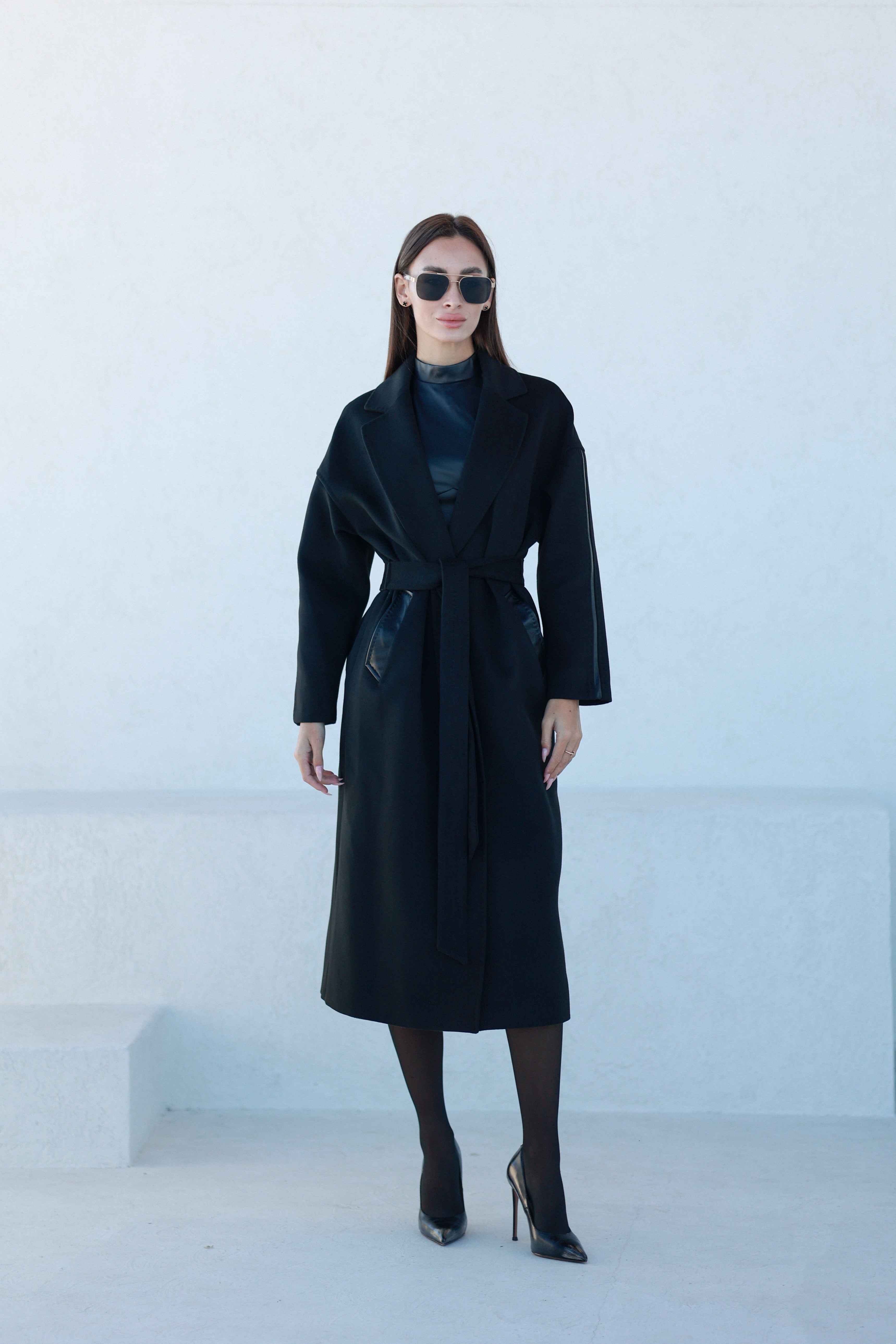Logan Leather Trim Cashmere Blend Overcoat in Black