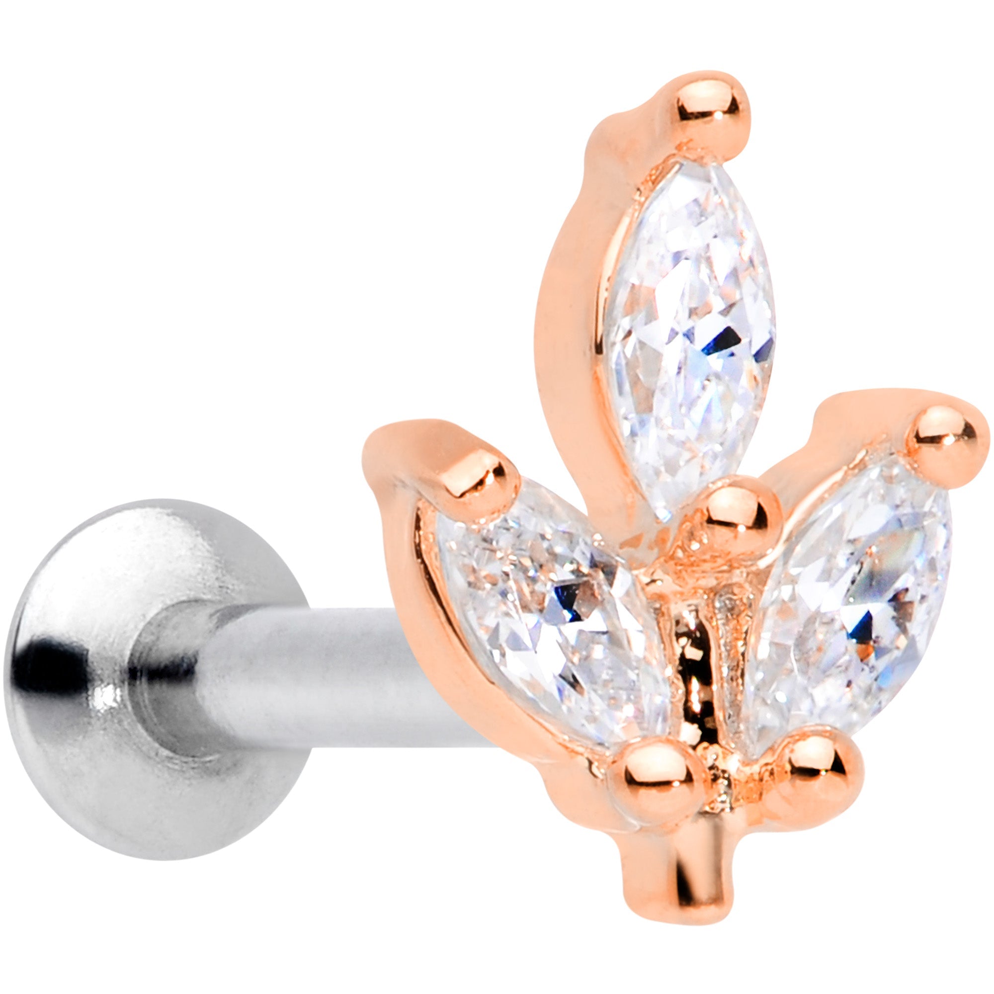 16G 1/4 CZ Rose Gold PVD Leaf Threadless Push In Labret Tragus