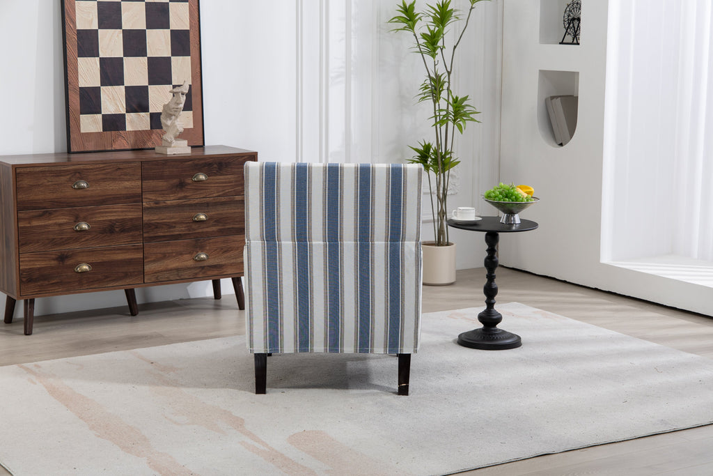 Accent Chair Vintage Striped Linen Blue White Nailhead Solid Wood Legs