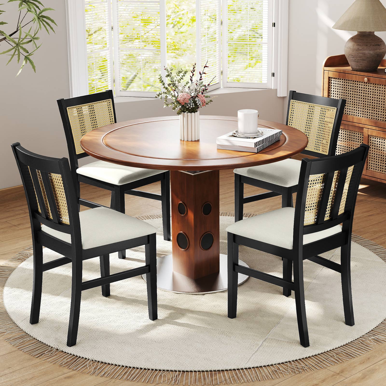 Farmhouse Rattan Dining Chair Set of 2 with Rubber Wood Legs and Cane Back-Beige