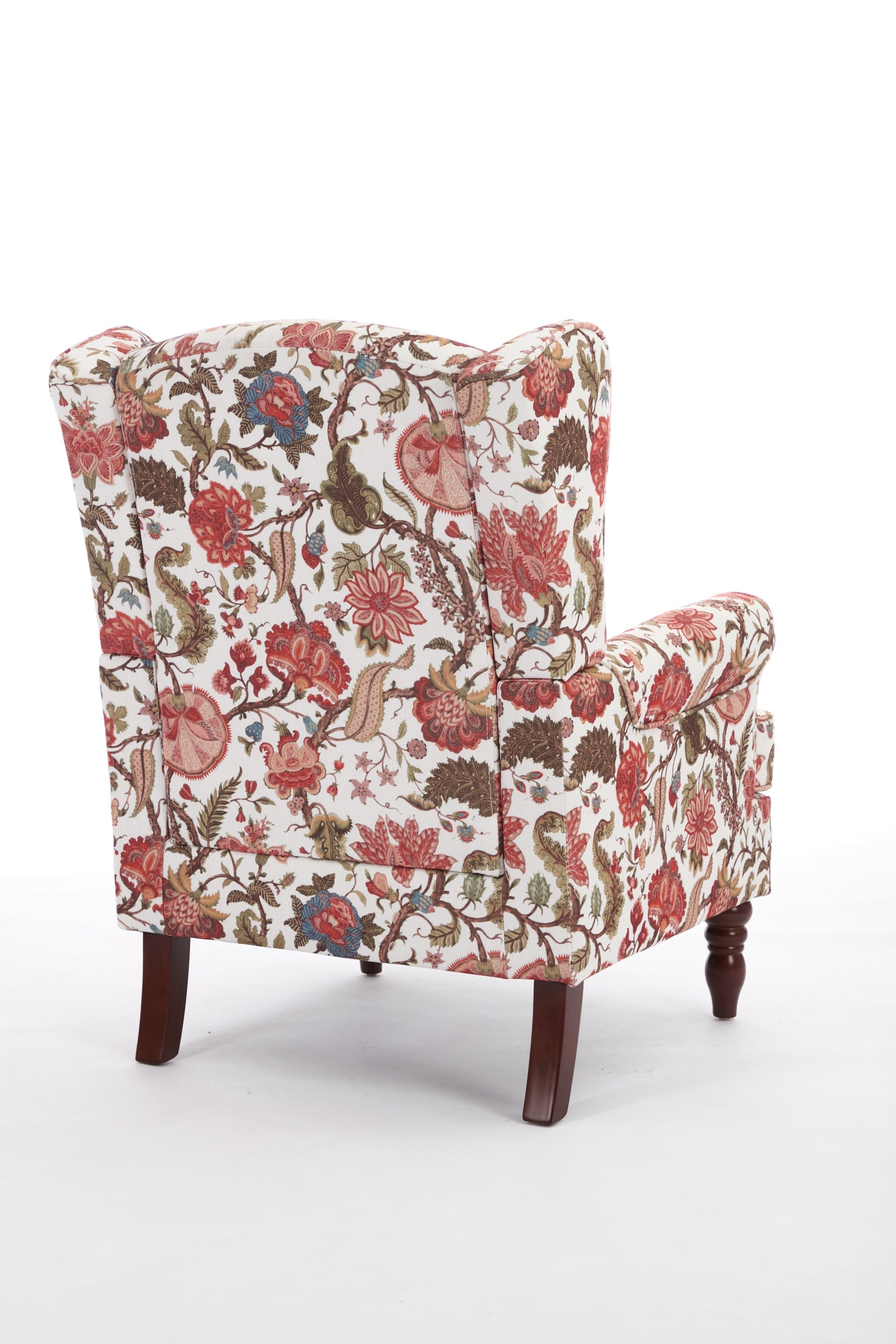 Accent Chair Wingback Linen Floral Red Pine Legs 28x30x38 In