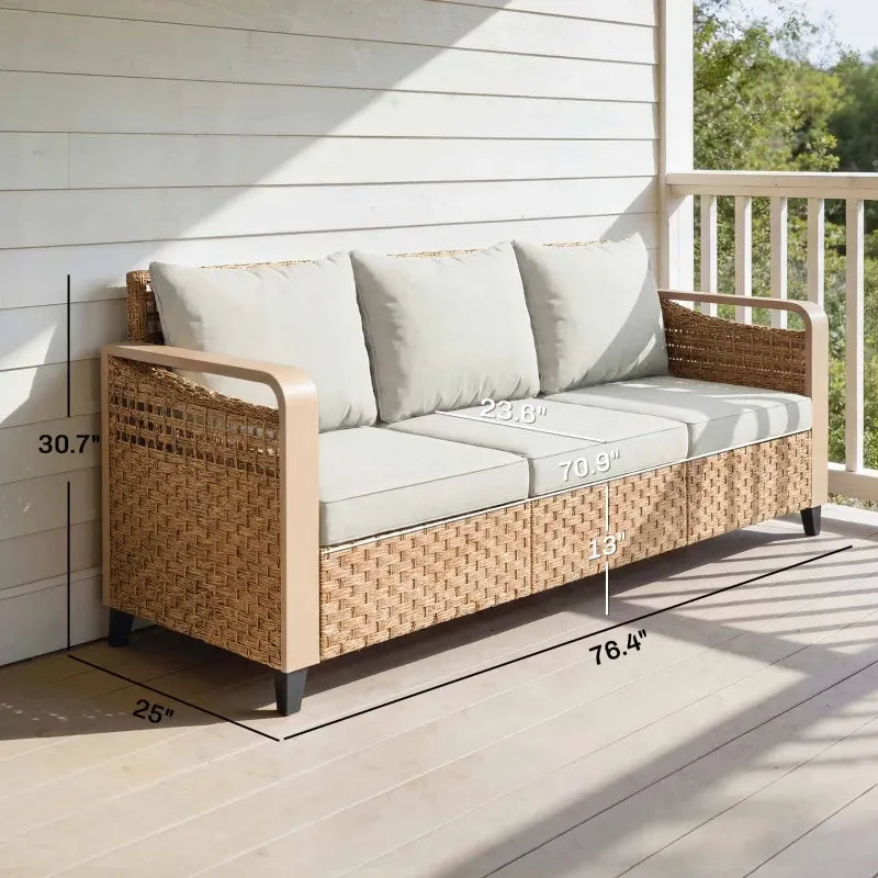 Outdoor Patio Sofa PE Rattan Brown Beige Cushions 3 Seat 76in