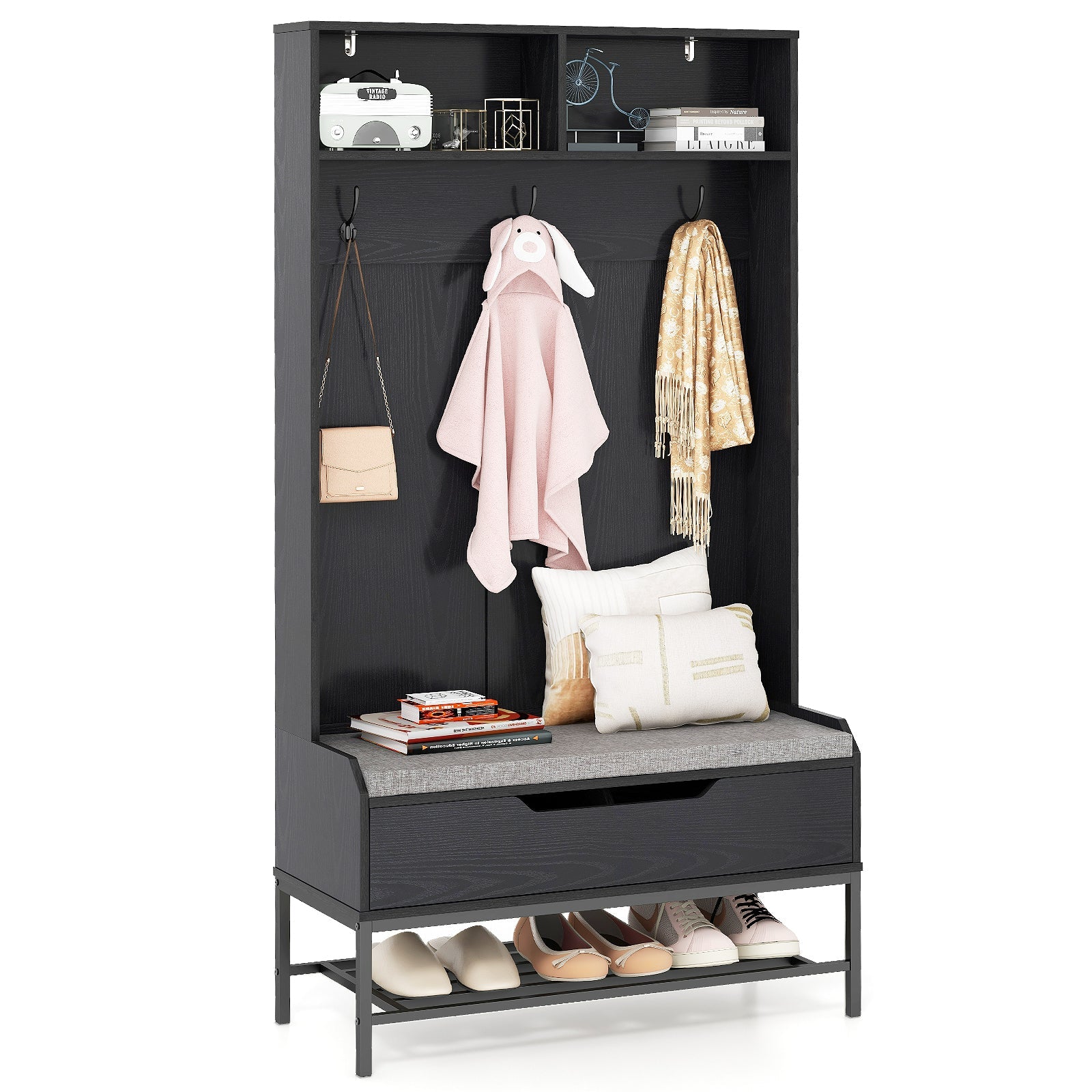 69 Inches Tall Hall Tree 4-in-1 Coat Rack with Seat Cushion and Shoe Storage
