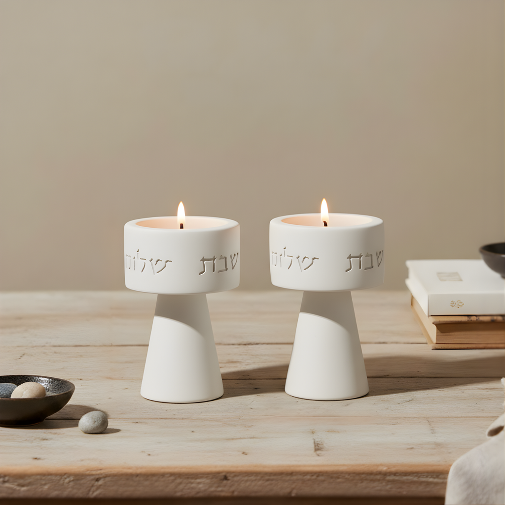 Traditional Shabbat Candle Holders with Contemporary Concrete Tray - Timeless Glow Series