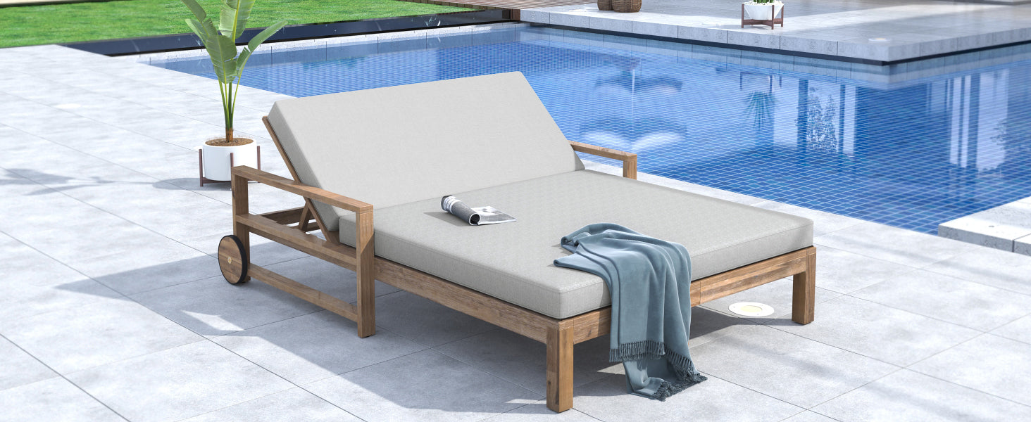 Outdoor Daybed Acacia Wood Farmhouse Gray with Wheels 2 Person