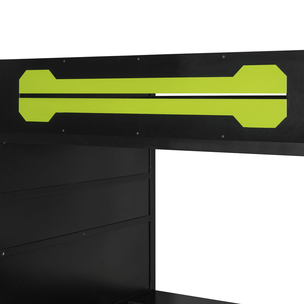 Full Size Wood Loft Bed with Desk, Multi-storage Shelves and RGB Light, Green