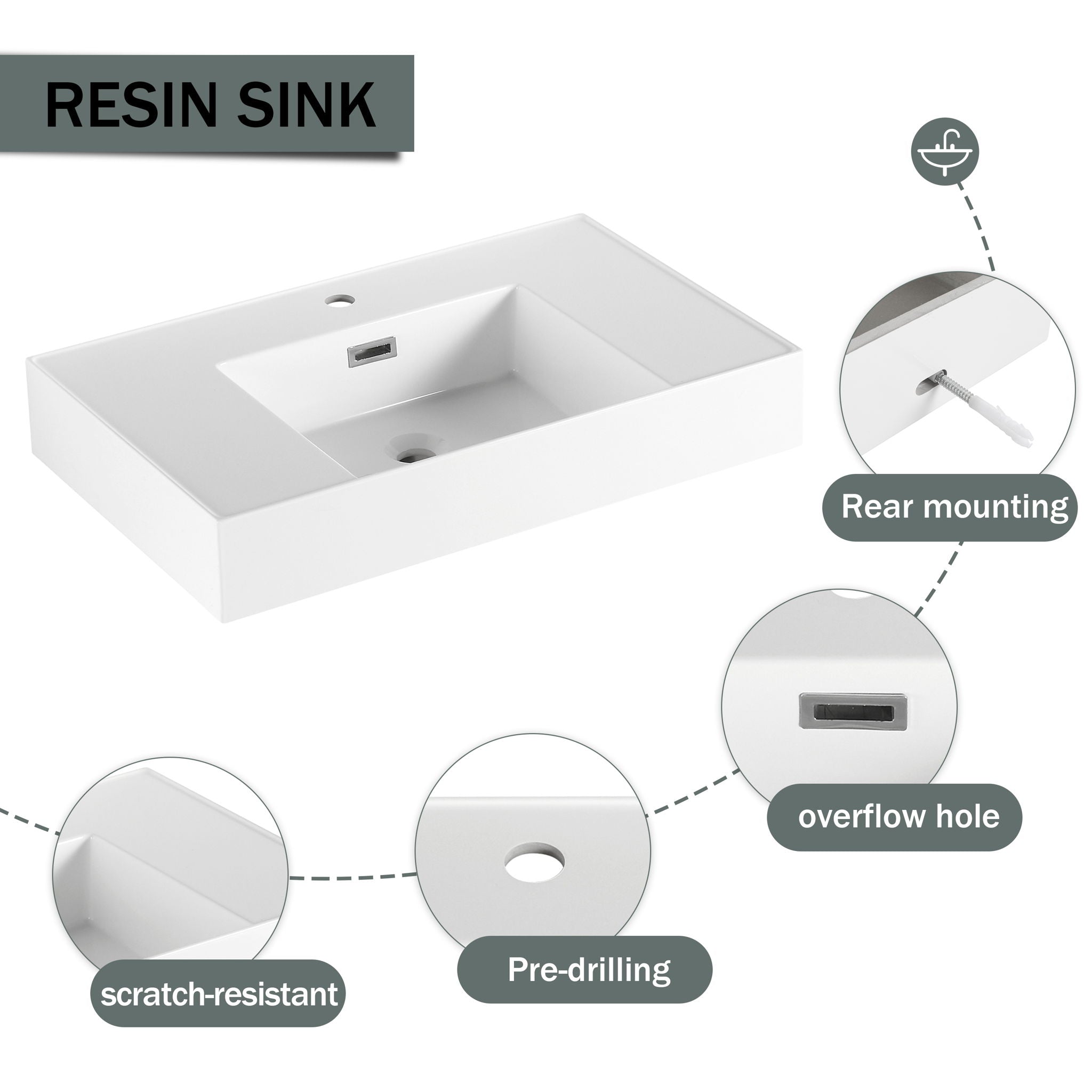 Modern Imitative Wall Mounted Bathroom Vanity With Resin Sink & 2 Side Cabinet, Soft Close Drawer - Imitative Oak