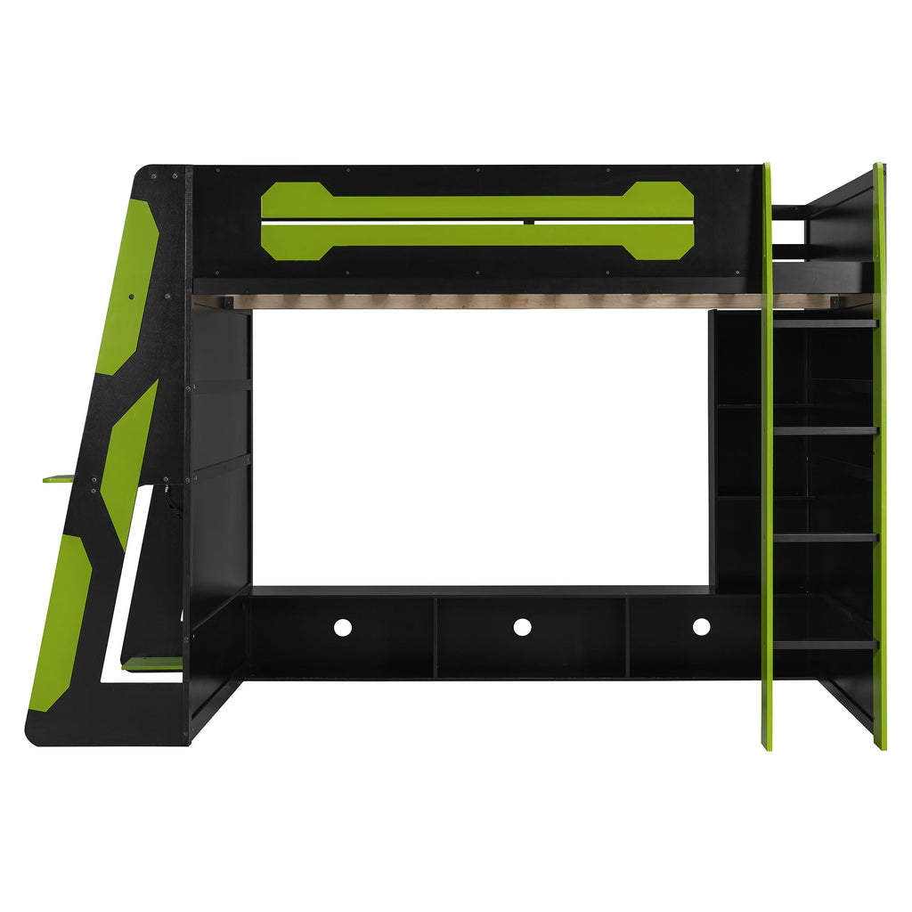 Full Size Wood Loft Bed with Desk, Multi-storage Shelves and RGB Light, Green