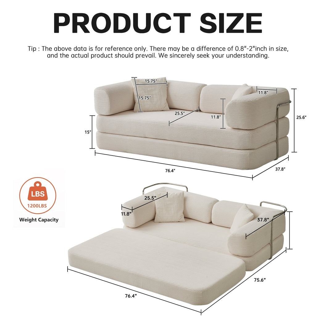 Sofa Floor Low Profile 5-in-1 Corduroy Cream Sleeper with Blanket 74.8 In