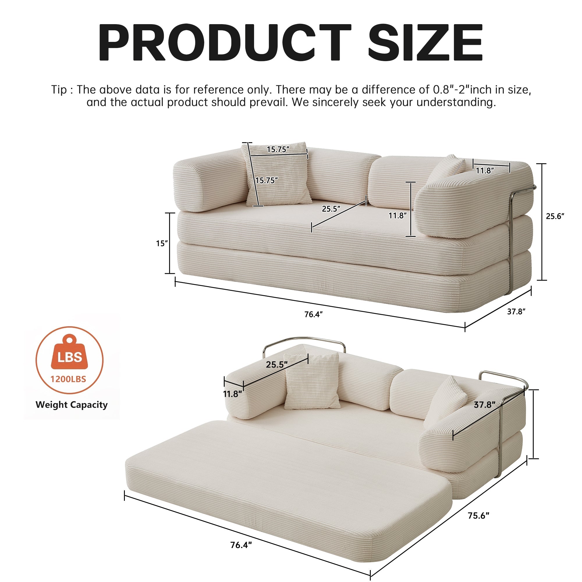 Sofa Floor Low Profile 5-in-1 Corduroy Cream Sleeper with Blanket 74.8 In