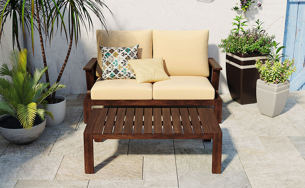 Outdoor Sofa Set Acacia Wood Dark Brown Beige Cushion 2 Piece Table