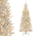6/7 FT Pre-Lit Artificial Silver Tinsel Xmas Tree with 790 Branch Tips and 300 LED Lights