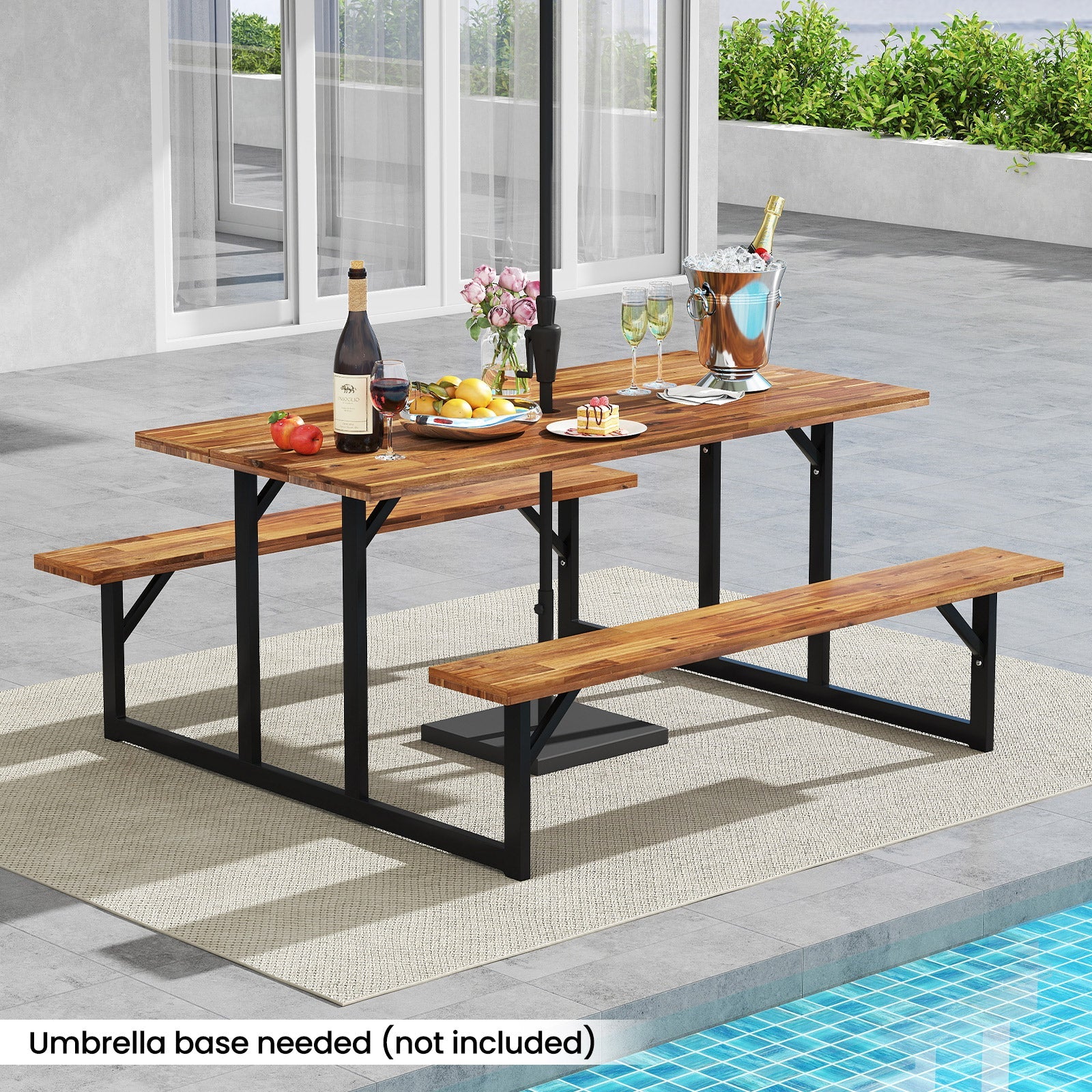 6-Person Acacia Wood Picnic Table with 2 Built-In Benches