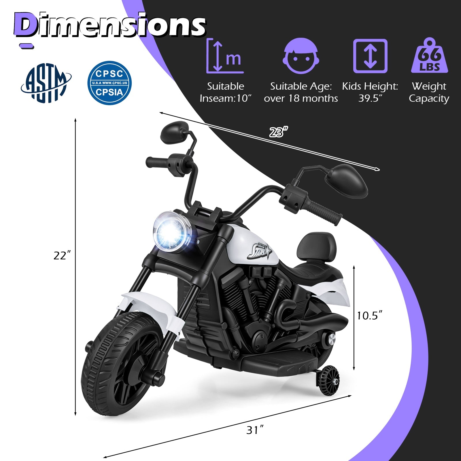6V Kids Motorcycle with Headlight and Music and Training Wheels