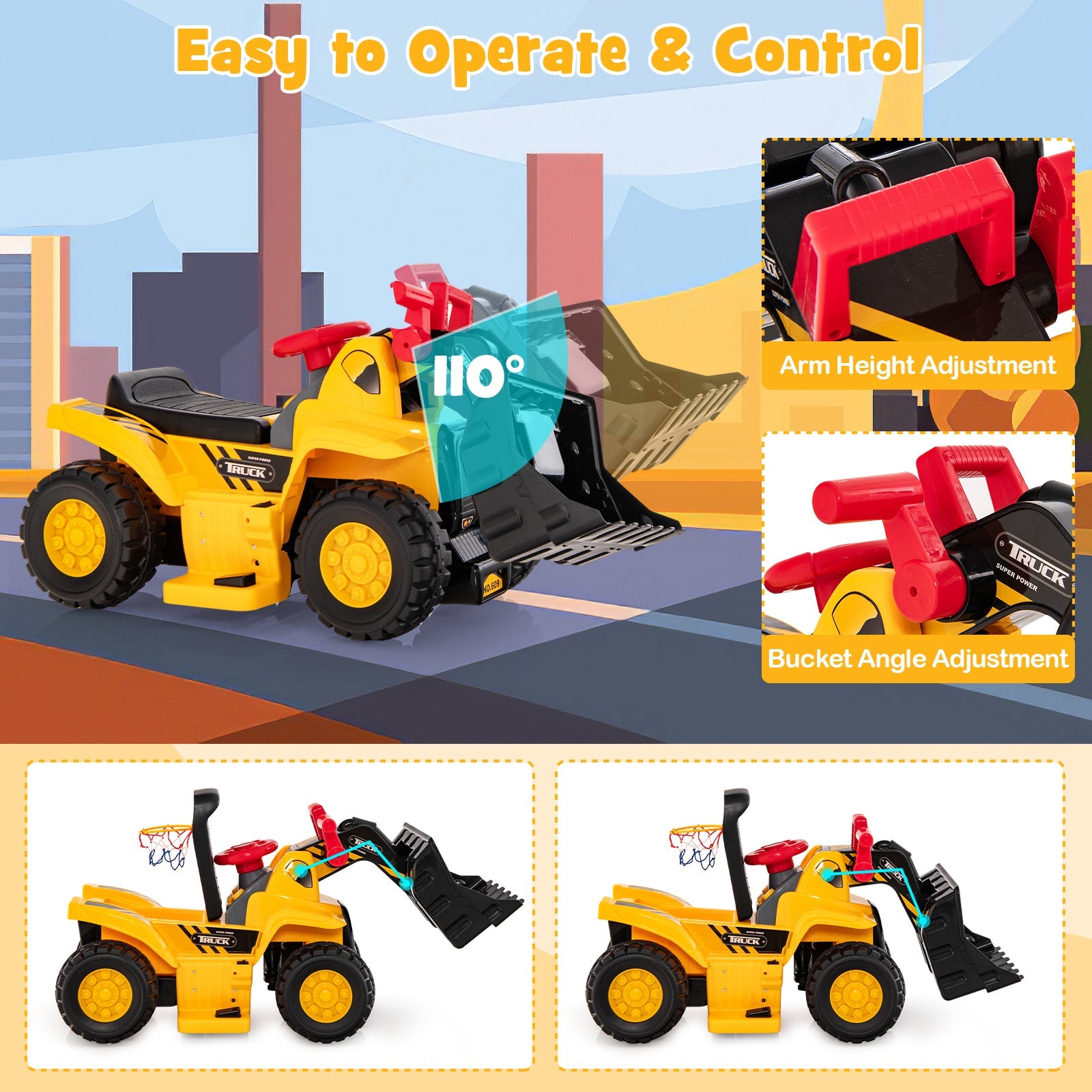 6V Kids Ride On Bulldozer with Folding Basketball Hoop and Balls