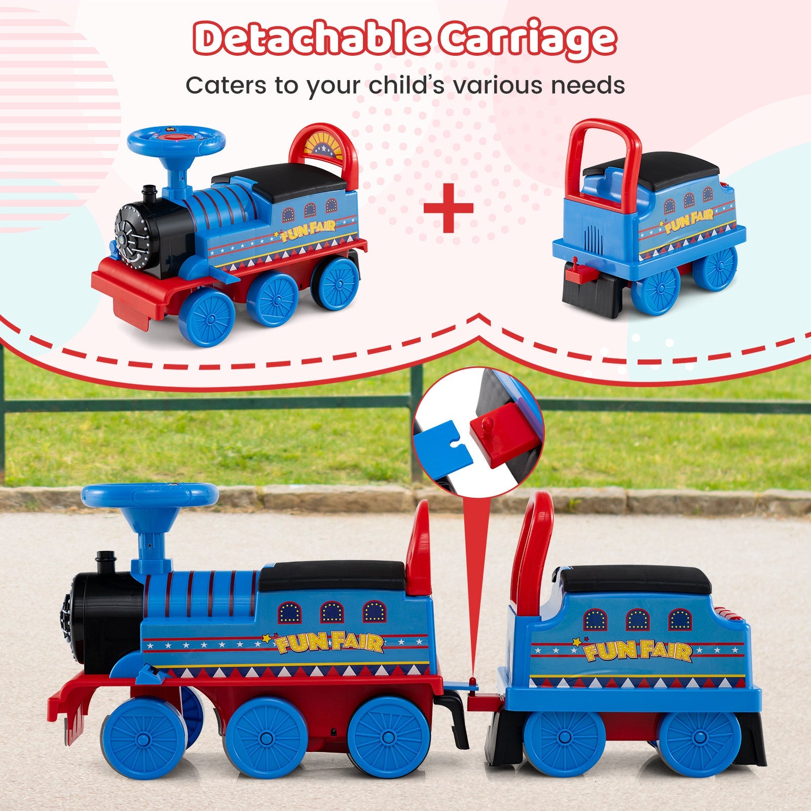 6V Ride on Train 2-Seater with Carriage and Flashing LED Lights