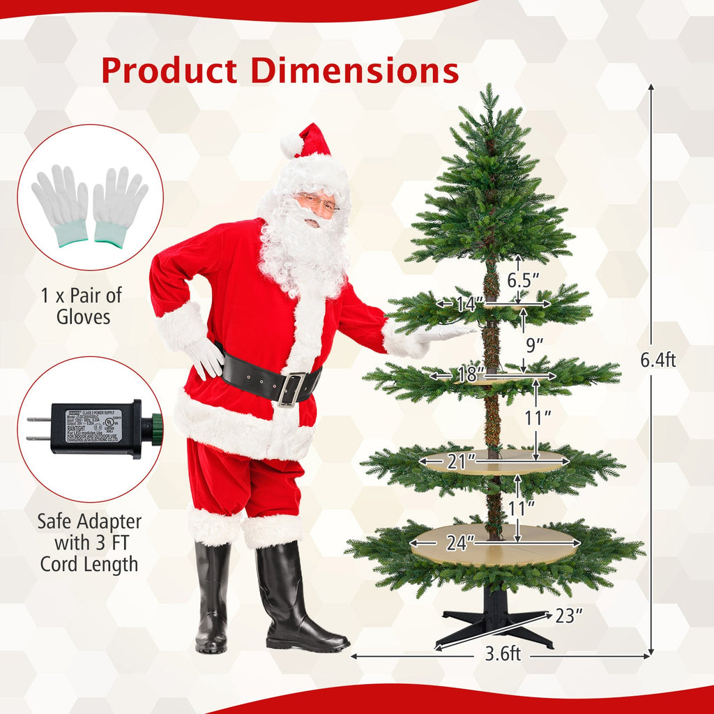 6.4 FT Rotating Christmas Tree 4-Tier Artificial Xmas Tree with 280 Branch Tips and 220 LED Lights