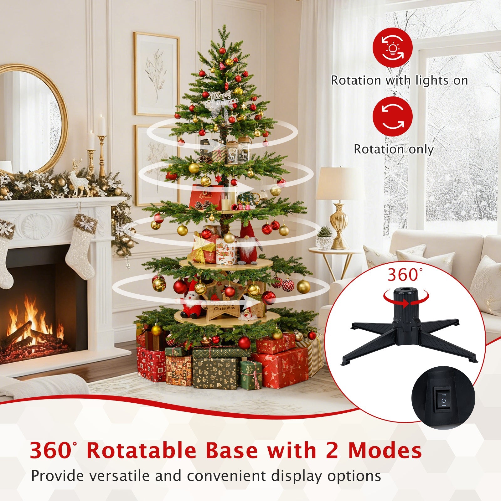 6.4 FT Rotating Christmas Tree 4-Tier Artificial Xmas Tree with 280 Branch Tips and 220 LED Lights