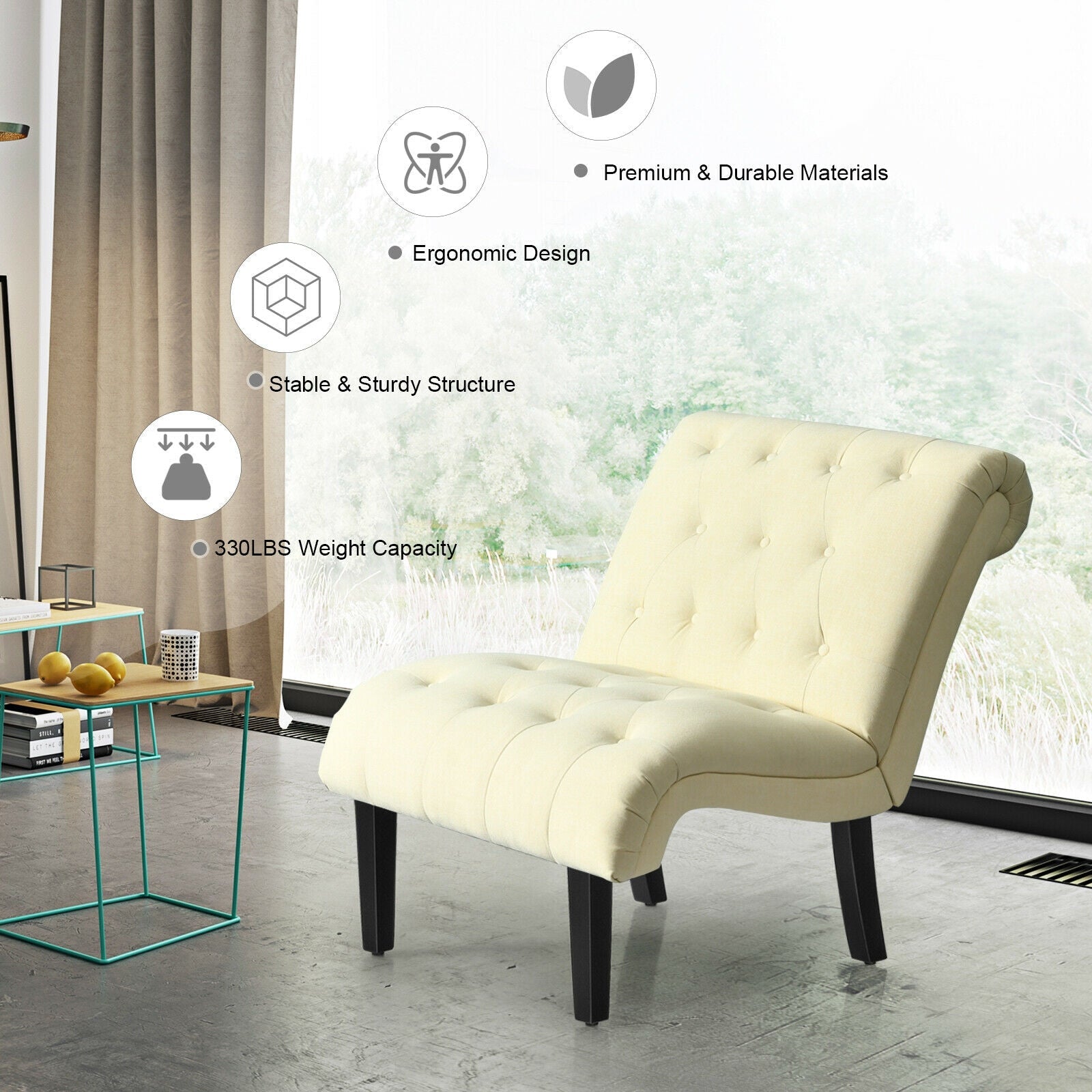 Cotton Linen Fabric Armless Accent Chair with Adjustable Foot Pads