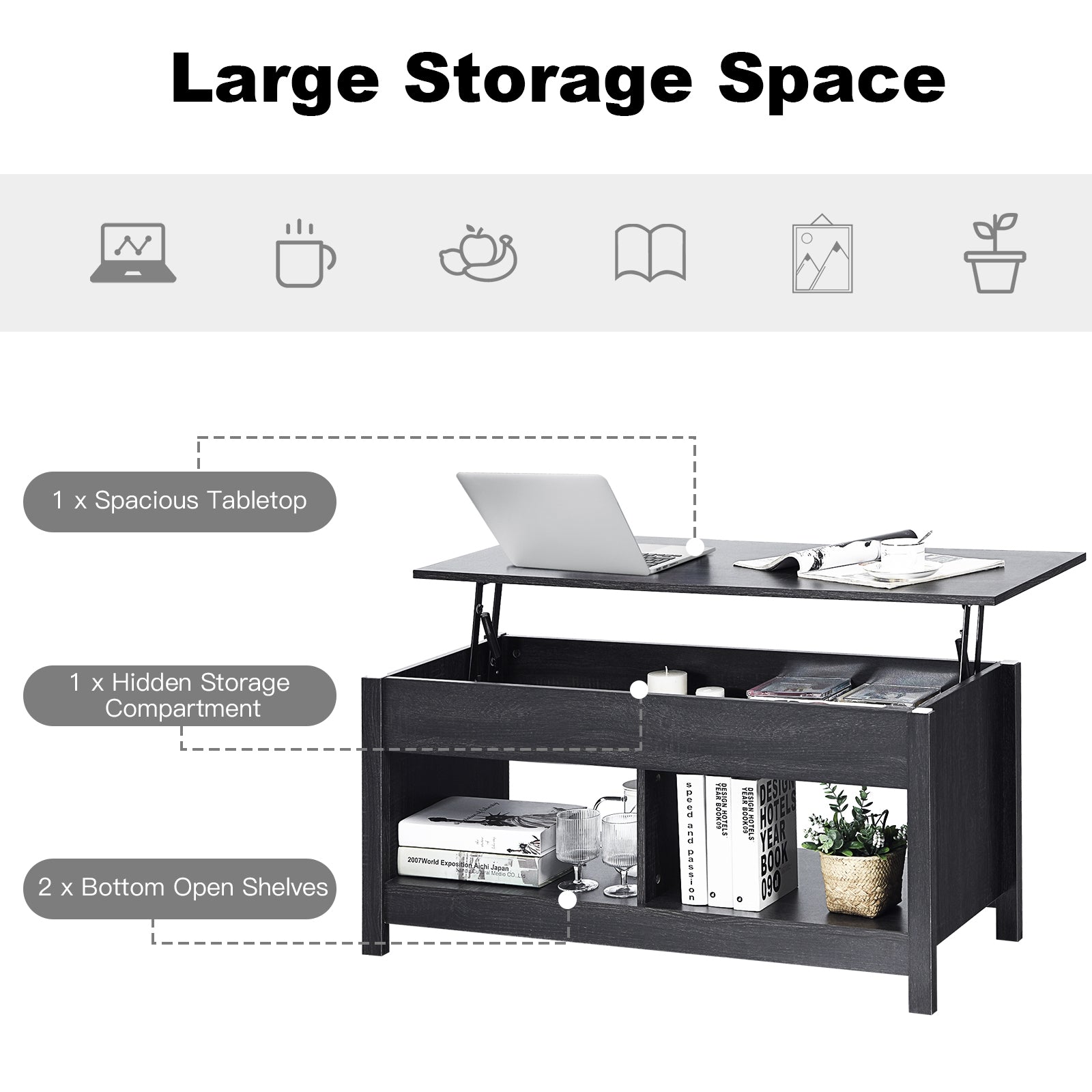 Lift Top Coffee Table with Hidden Storage Compartment and Lower Shelf for Study Room