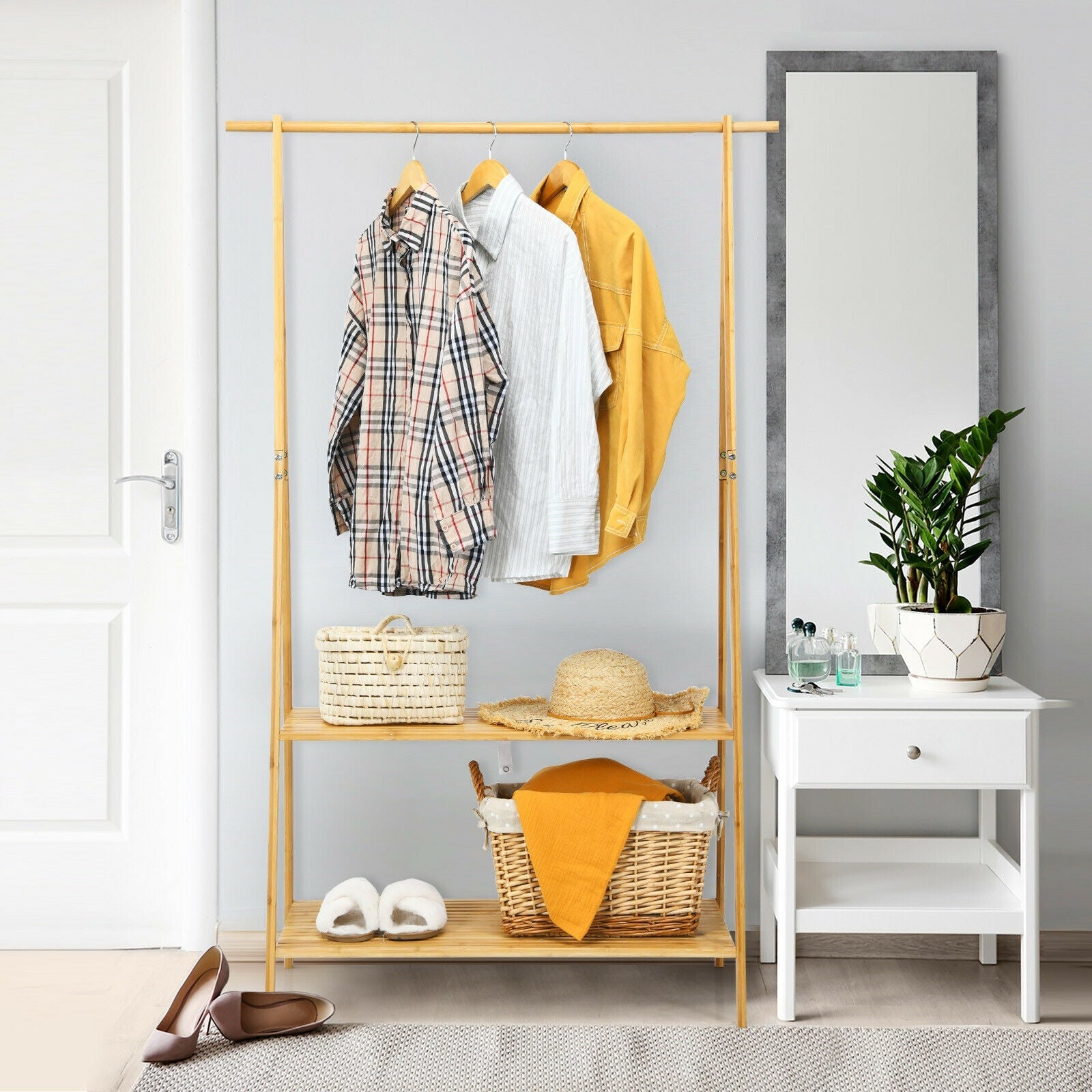 Bamboo Clothes Hanging Rack with 2-Tier Storage Shelf for Entryway Bedroom-Natural